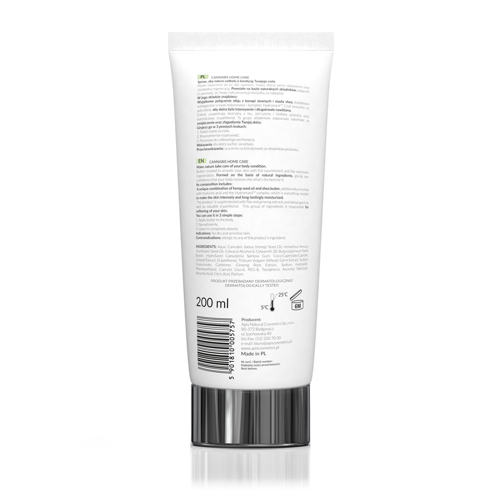 Rückseite der Creme-Tube. Enthält Textinformationen, Inhaltsstoffe und Barcode. Volumen: 200 ml.