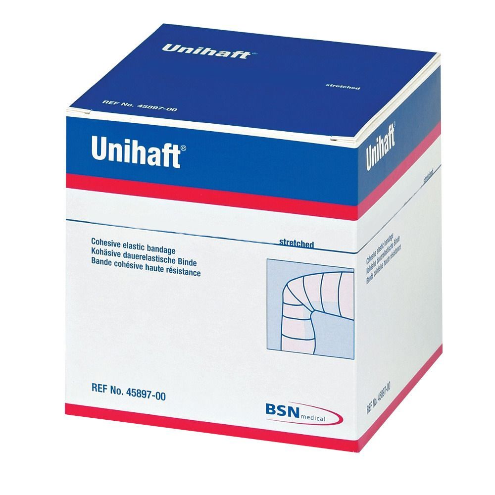 Unihaft-Verpackung. Weißer Karton mit blauem Deckel. Aufdruck: Unihaft, elastische Binde, BSN medical Logo. Illustration: Bandage.