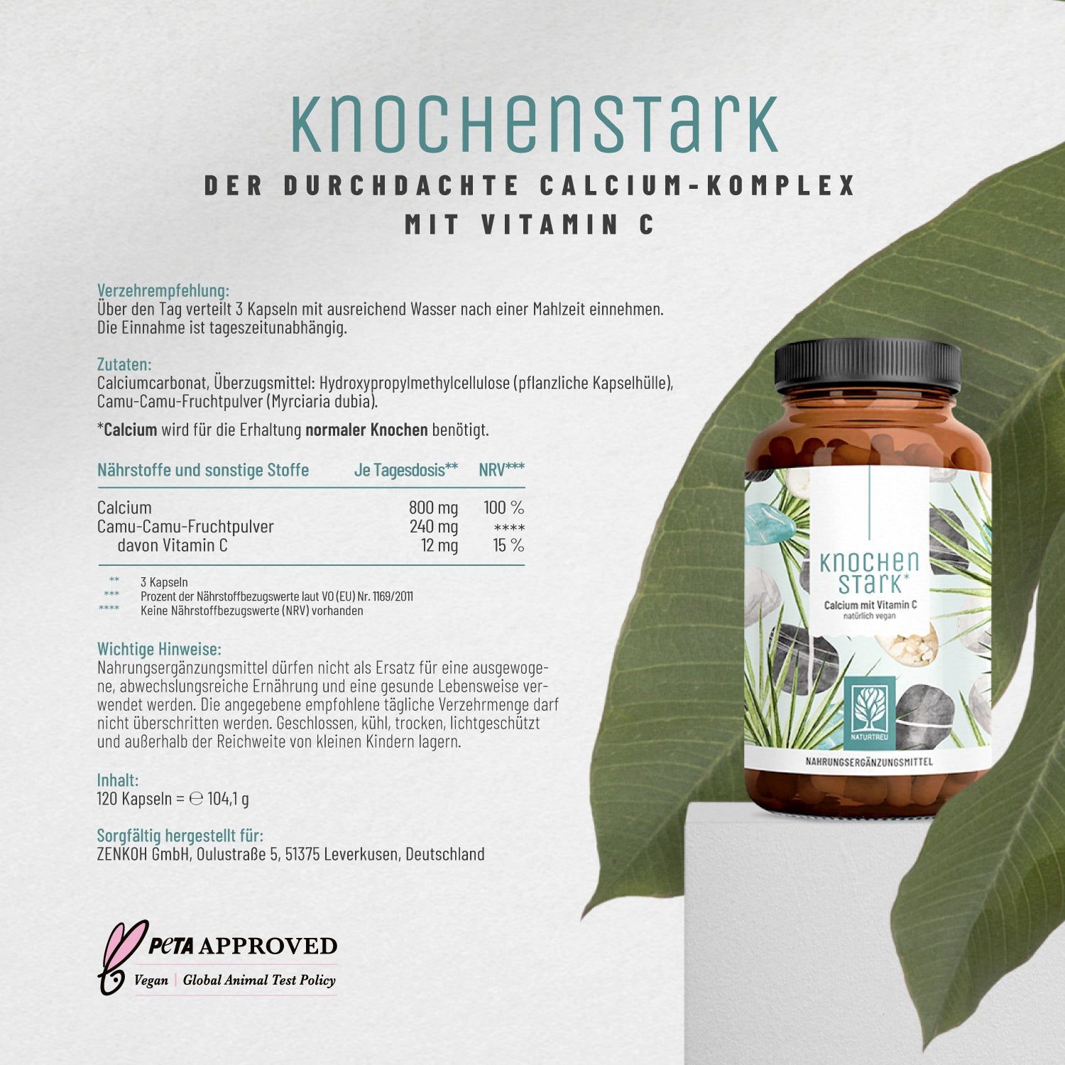 Produktflasche mit Text: Knochen Stark, Calcium mit Vitamin C. Empfehlung: 3 Kapseln mit Wasser nach Mahlzeit. Zutaten, Nährstoffe und wichtige Hinweise.
