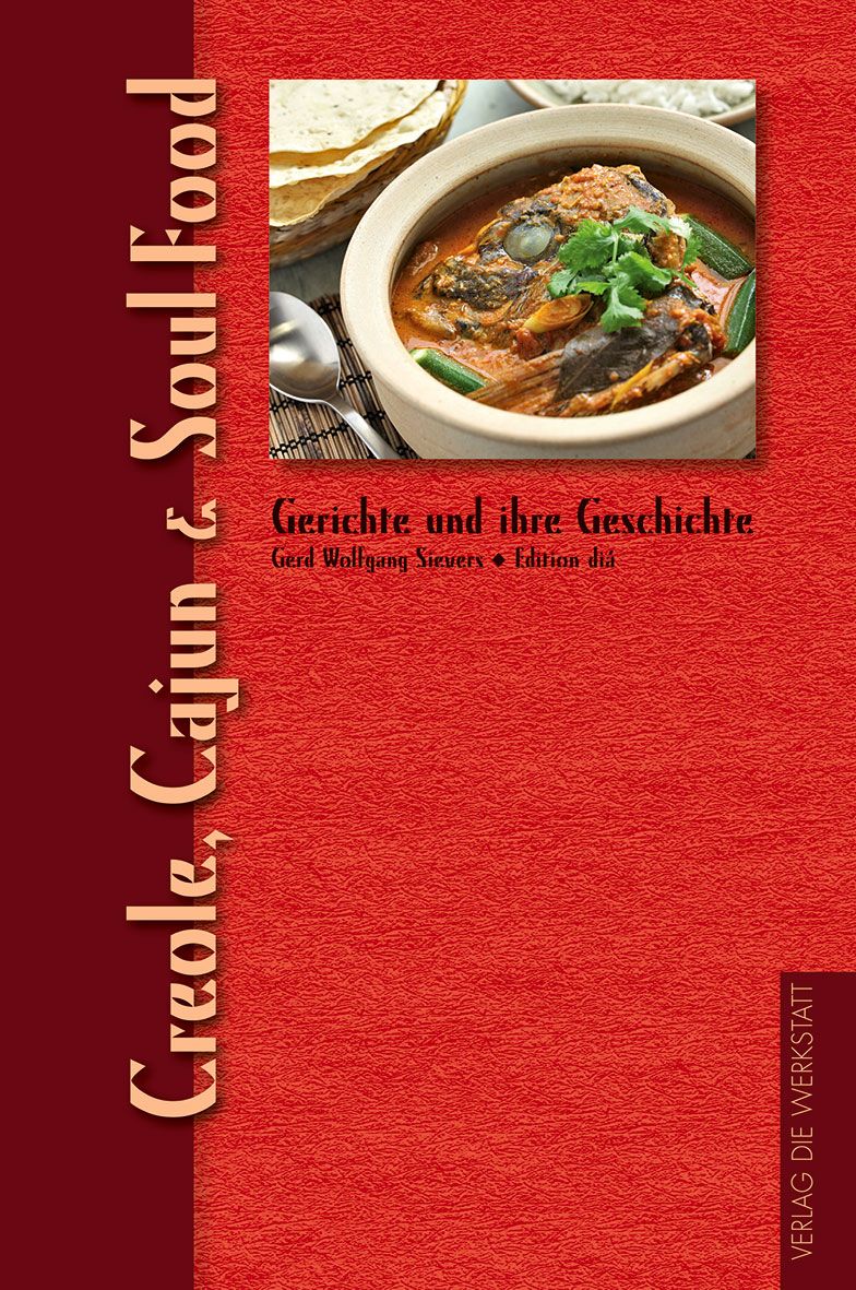 Buchcover mit rotem Hintergrund. Titel: Creole, Cajun & Soul Food. Oben: Gericht in Schüssel. Text: Gerichte und ihre Geschichte.
