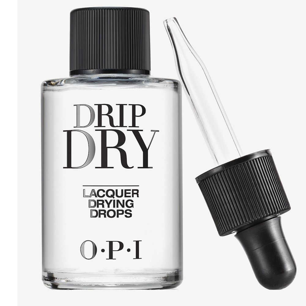 Klare Flasche mit schwarzem Deckel und Pipette. Aufschrift: Drip Dry, Lacquer Drying Drops, O.P.I.