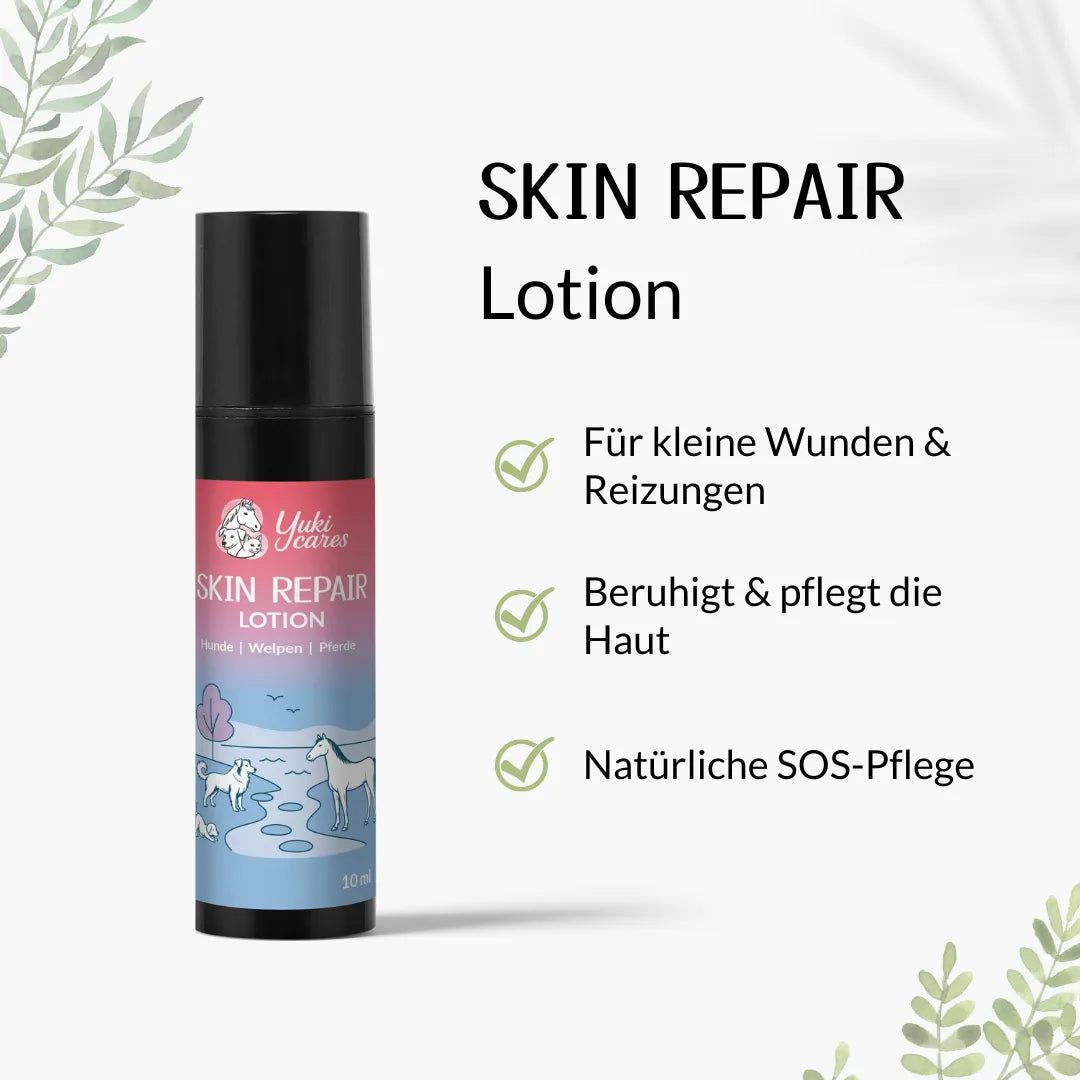 Lotion-Flasche Skin Repair, Marke Yuki cares. Text: Für kleine Wunden & Reizungen, Beruhigt & pflegt die Haut, Natürliche SOS-Pflege.