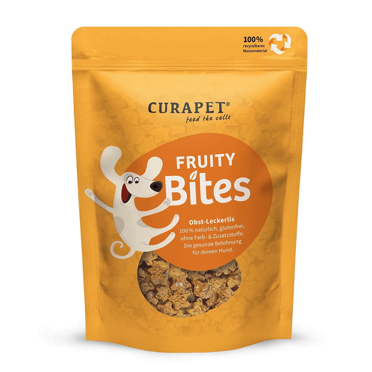Gelbe Verpackung mit "CURAPET Fruity Bites"-Logo. Sichtbares Produkt: Obst-Leckerlis. Text: 100% natürlich, glutenfrei. Recycling-Symbol.