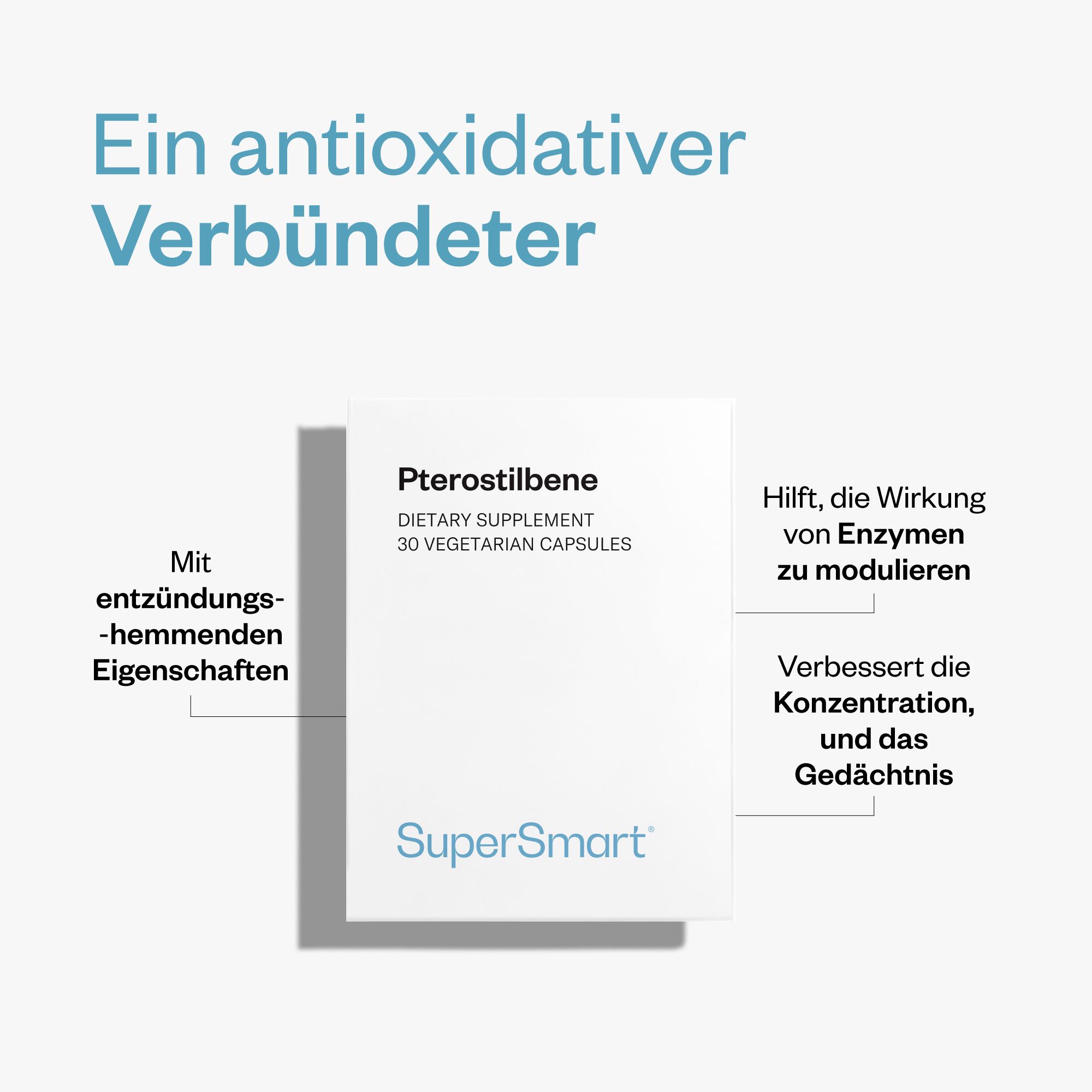 Weiße Produktverpackung mit Pterostilben-Kapseln. Text: Pterostilbene, 30 vegetarische Kapseln. SuperSmart-Logo. Hintergrund in Türkis.