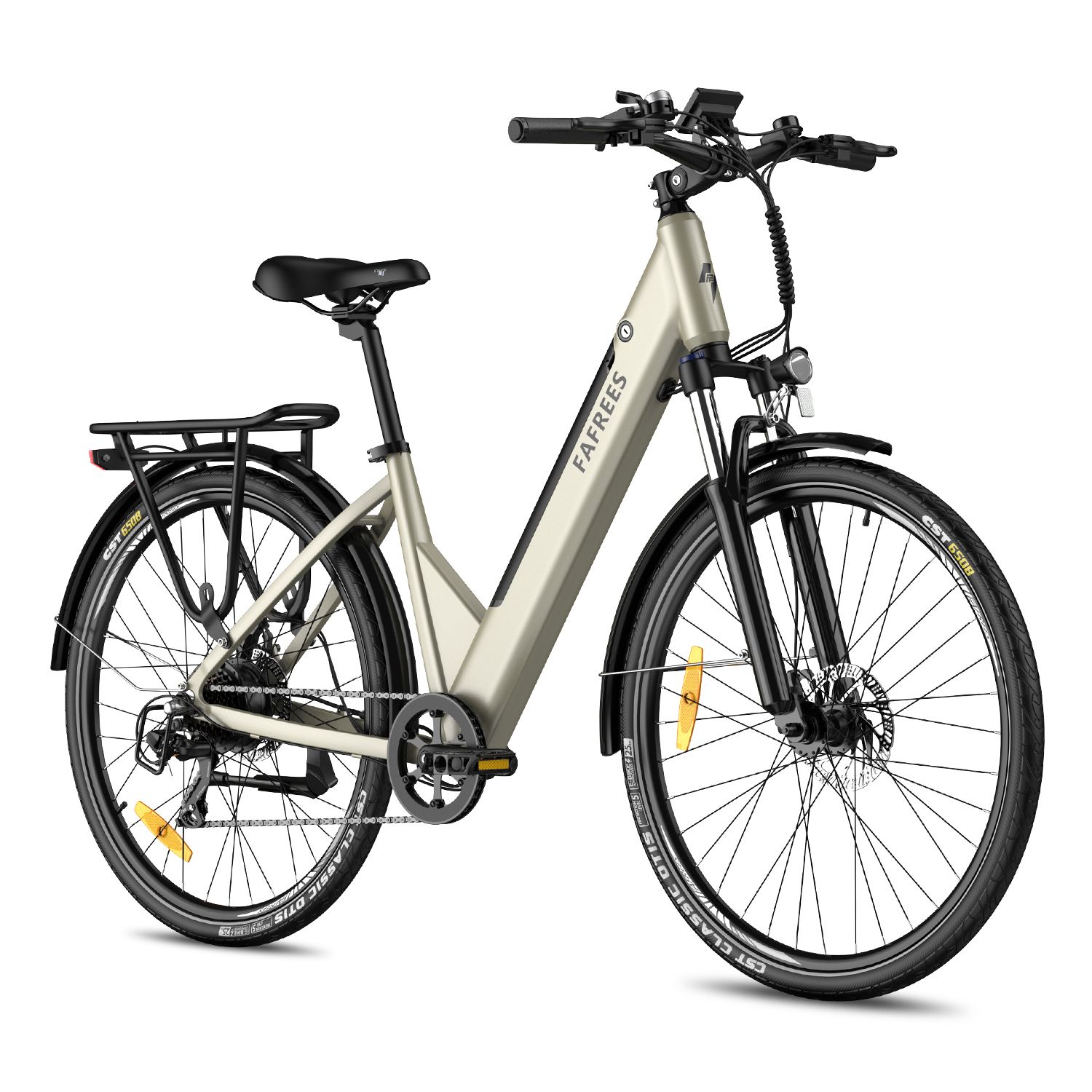 Fafrees F28 Pro E-Bike, beige, schwarze Details. Gepäckträger, Schutzbleche, CST-Reifen. Marke sichtbar.