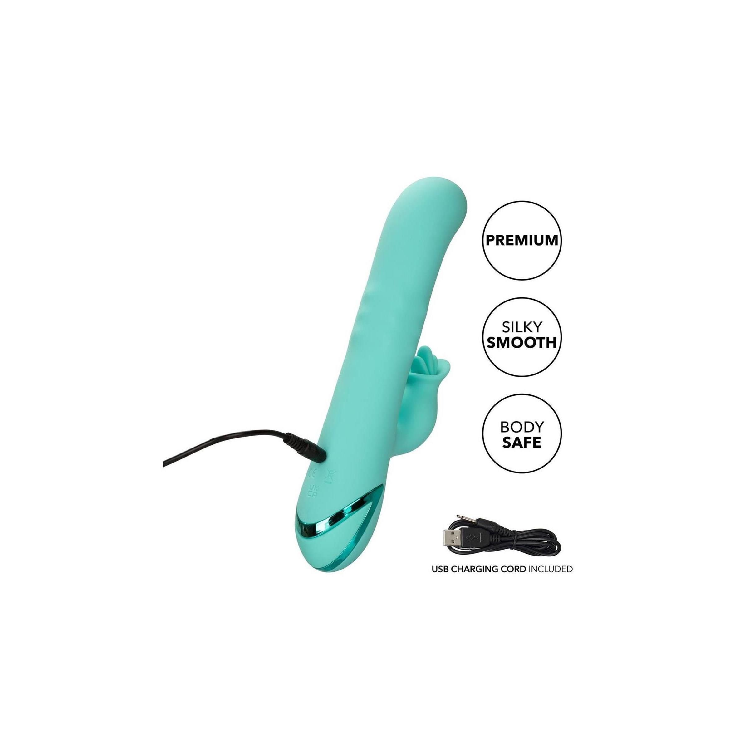 Türkisfarbener Vibrator mit USB-Ladekabel. Symbole: Premium, glatt, körperfreundlich.