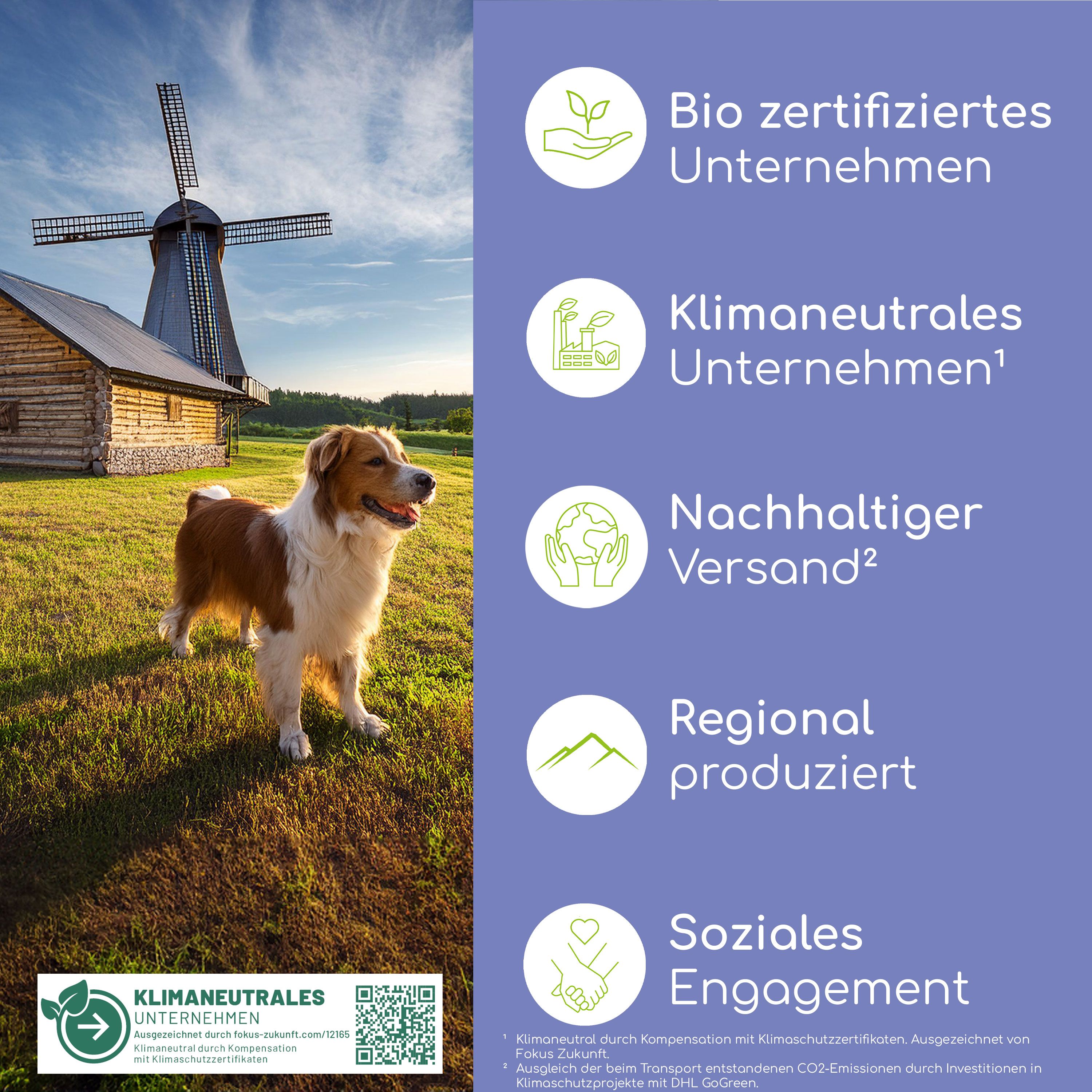 Hund vor Windmühle. Aufschrift: Bio zertifiziertes Unternehmen, klimaneutrales Unternehmen, nachhaltiger Versand, regional produziert, soziales Engagement.