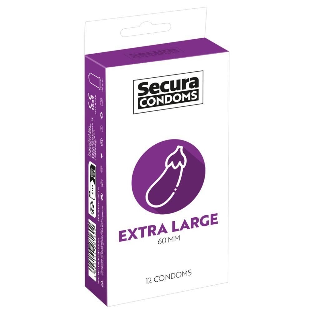 Verpackung von Secura Kondomen. Aufschrift: Extra Large, 60 mm, 12 Kondome. Lila Aubergine-Symbol. Markenname Secura.