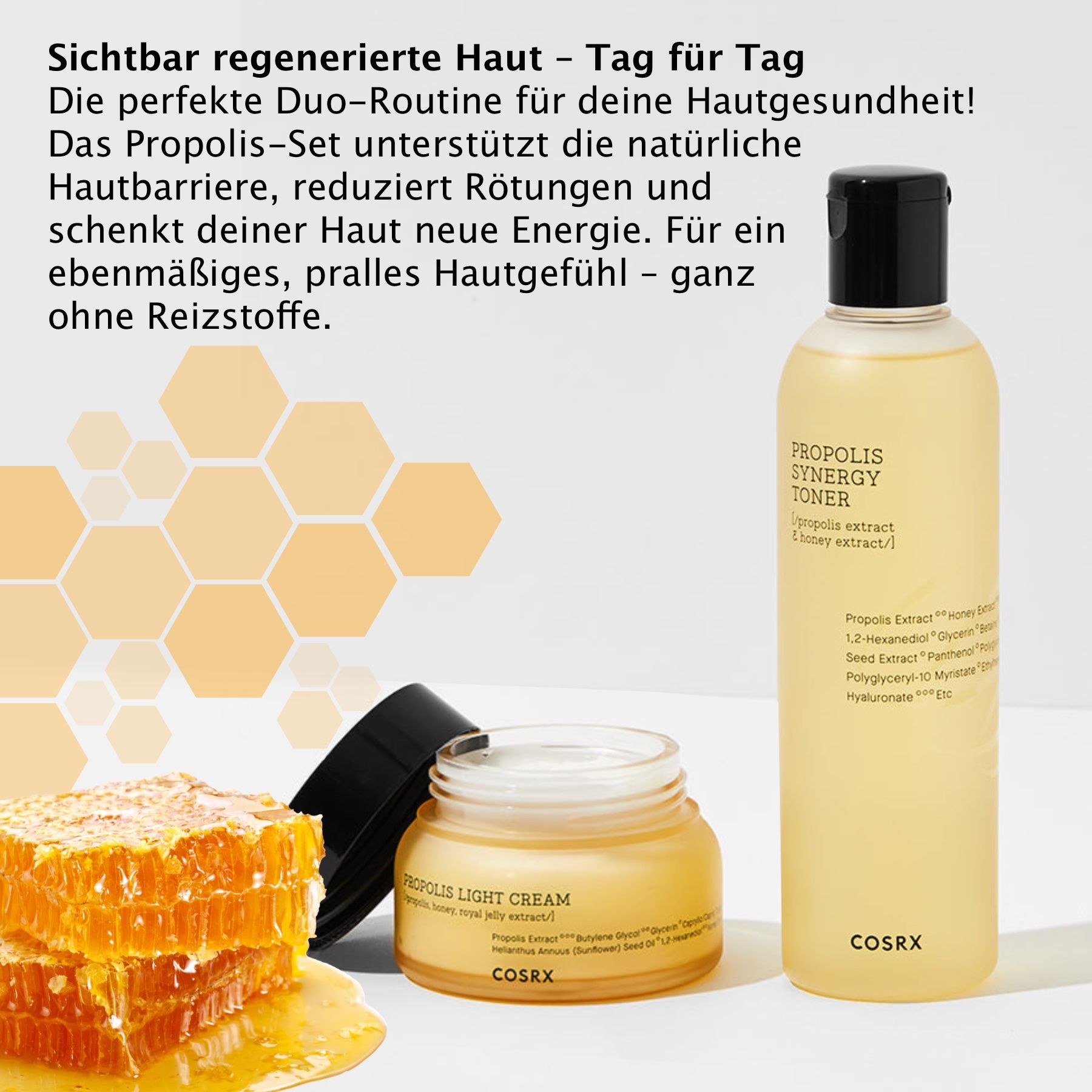 Toner-Flasche, Creme-Tiegel und Honigwaben. Aufschrift: Propolis Synergy Toner und Propolis Light Cream. Marke: Cosrx. Text: Duo-Routine.