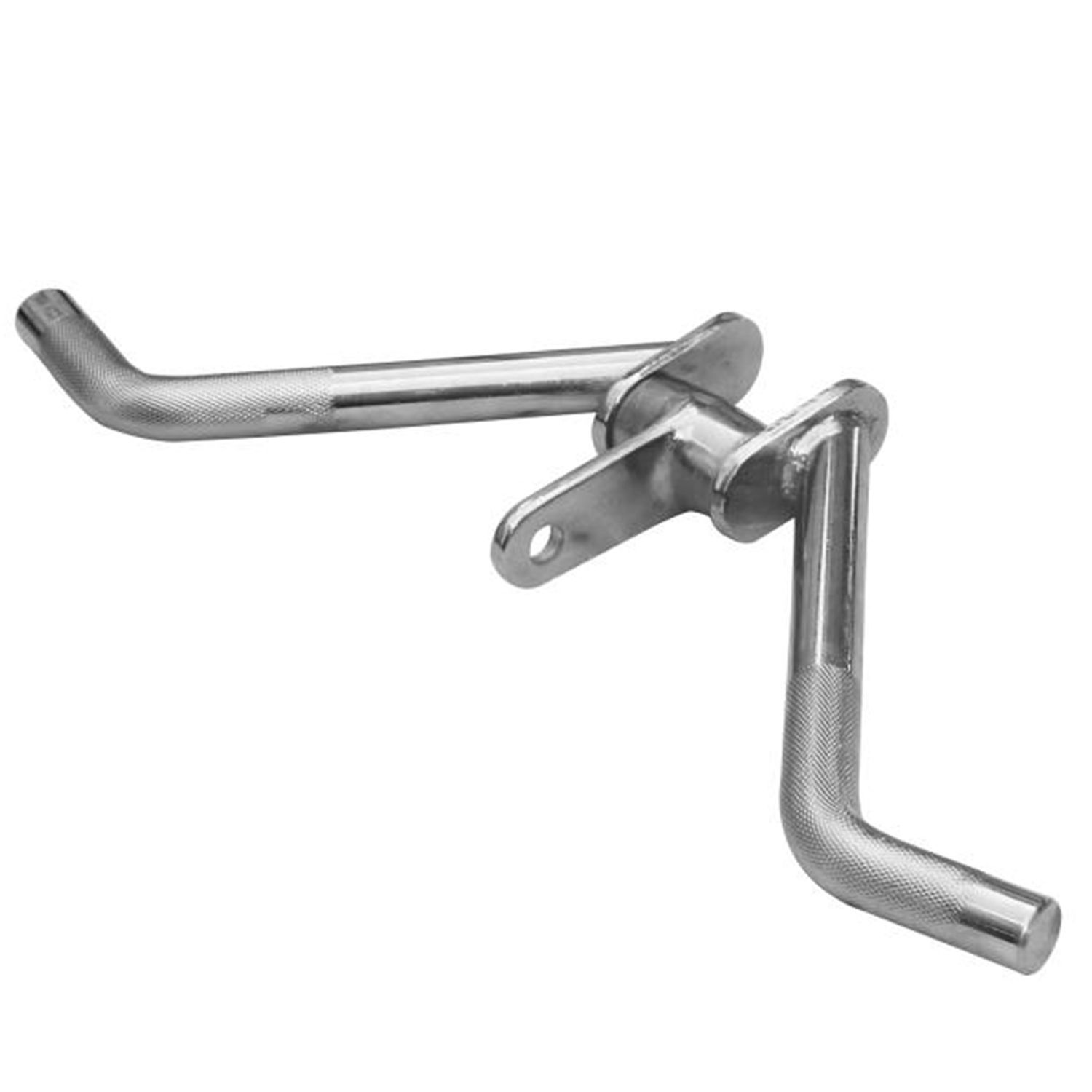 Trizeps Curl Griff aus Metall. Zwei Griffe mit geriffelter Oberfläche und gebogener Form.