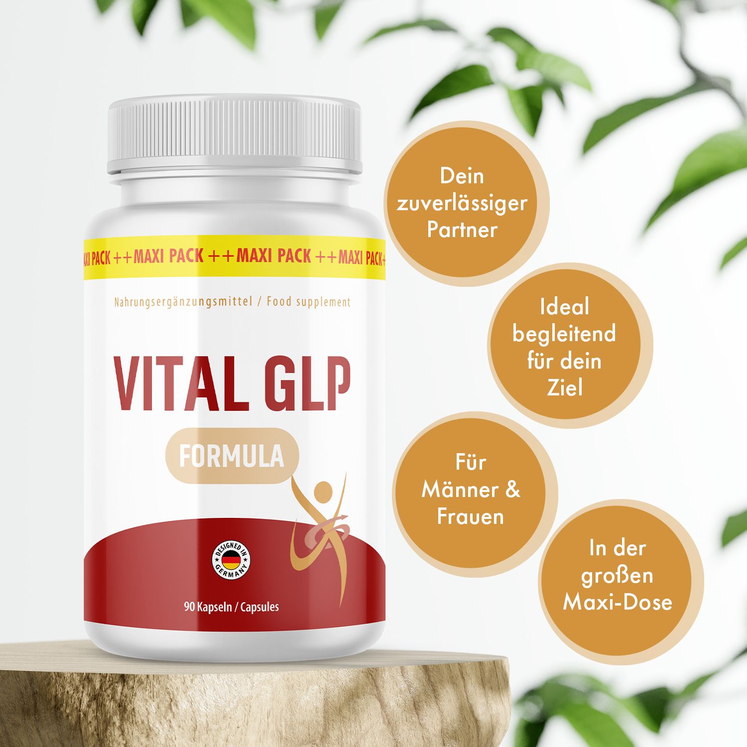 Weiße Flasche mit rotem Etikett. Aufschrift: VITAL GLP FORMULA. Zusätzliche Textfelder: Dein zuverlässiger Partner, Ideal begleitend für dein Ziel, Für Männer & Frauen, In der großen Maxi-Dose.