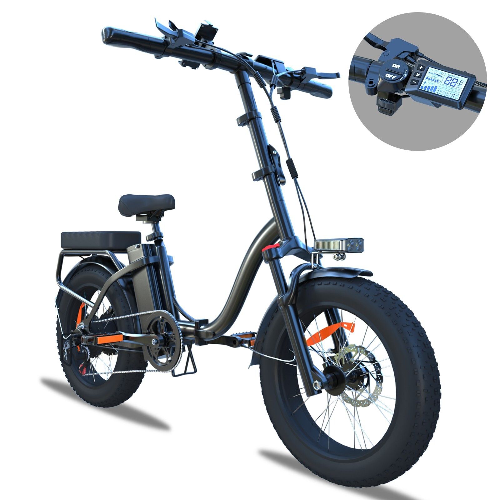 Schwarzes, zusammenklappbares Elektrofahrrad. Dicke Reifen, Gepäckträger, Scheinwerfer und digitales Display am Lenker.