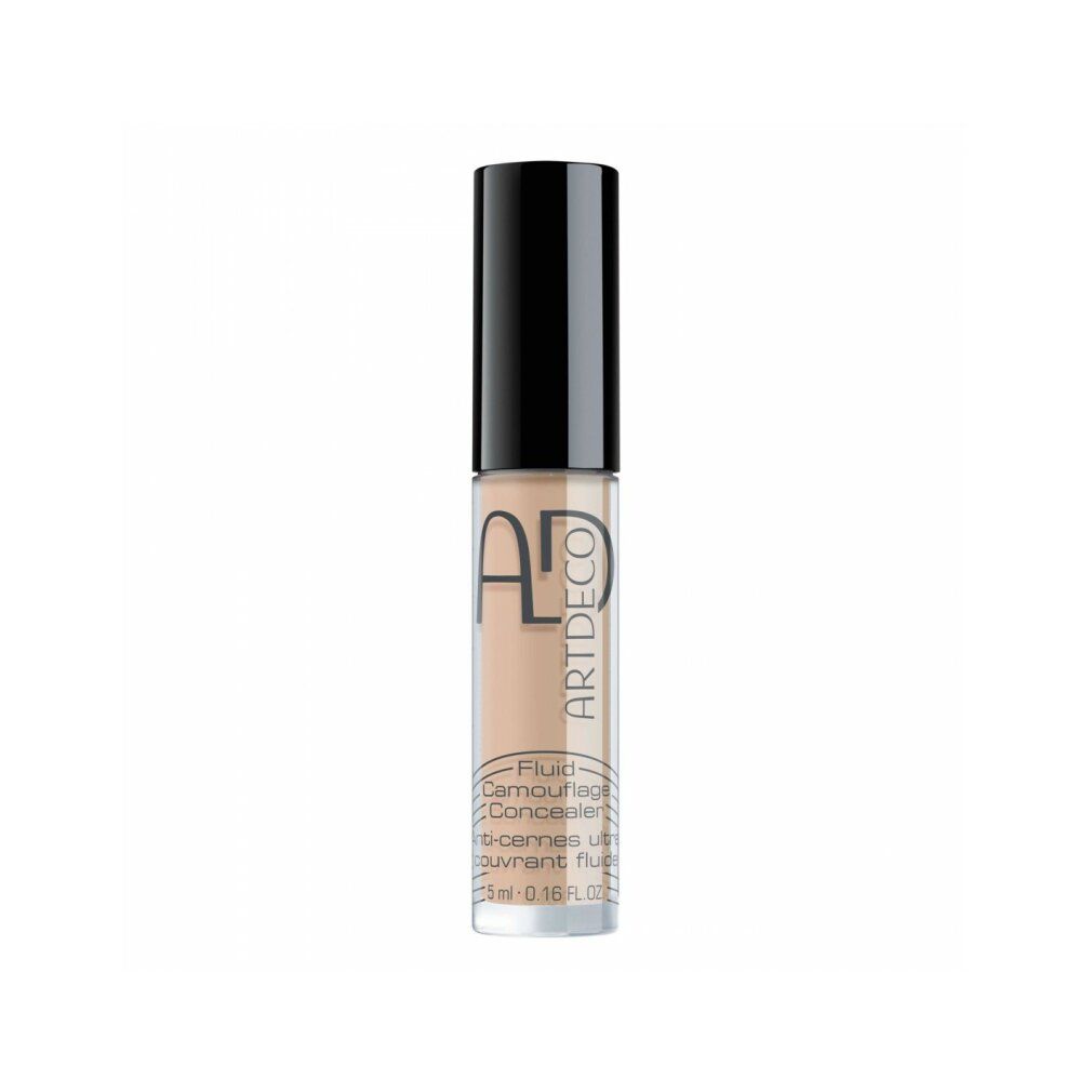Artdeco Fluid Camouflage Concealer. Beige Flüssig-Concealer in Glasflasche mit schwarzem Deckel. Produktbeschriftung sichtbar.