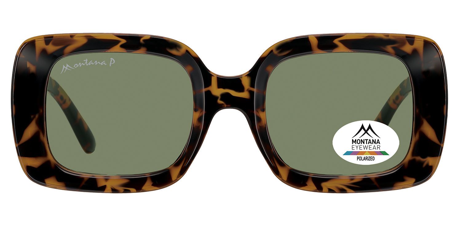 Sonnenbrille mit braunem Schildpattmuster und grünen Gläsern. Auf dem Glas befindet sich ein Aufkleber mit dem Logo und der Aufschrift "POLARIZED".