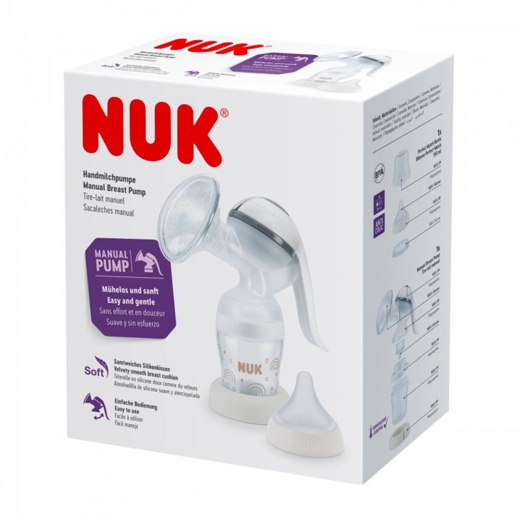 NUK Handmilchpumpe in Verpackung. Enthält Pumpe, Flasche und Zubehör. Aufschrift: "Soft".
