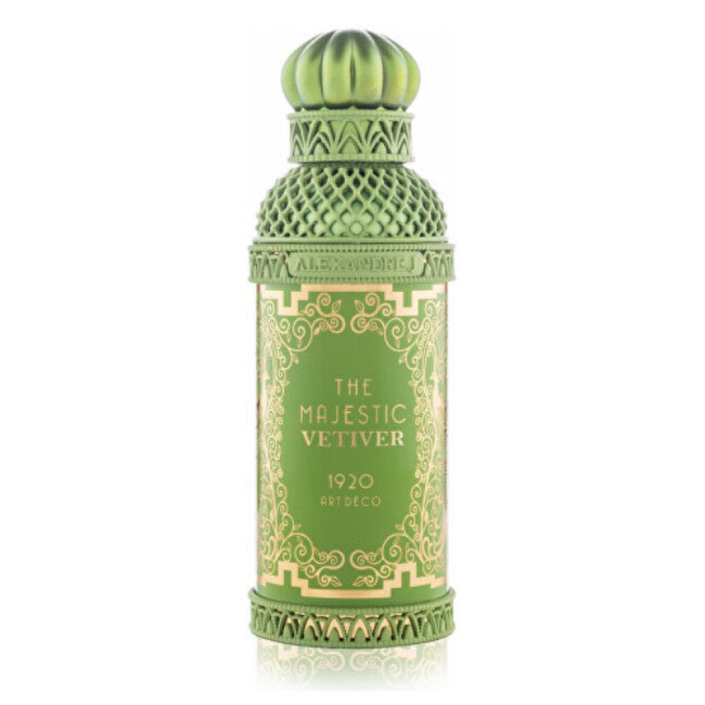 Grüne Flasche mit goldfarbenem Dekor und Aufschrift "THE MAJESTIC VETIVER 1920 ARTDECO".