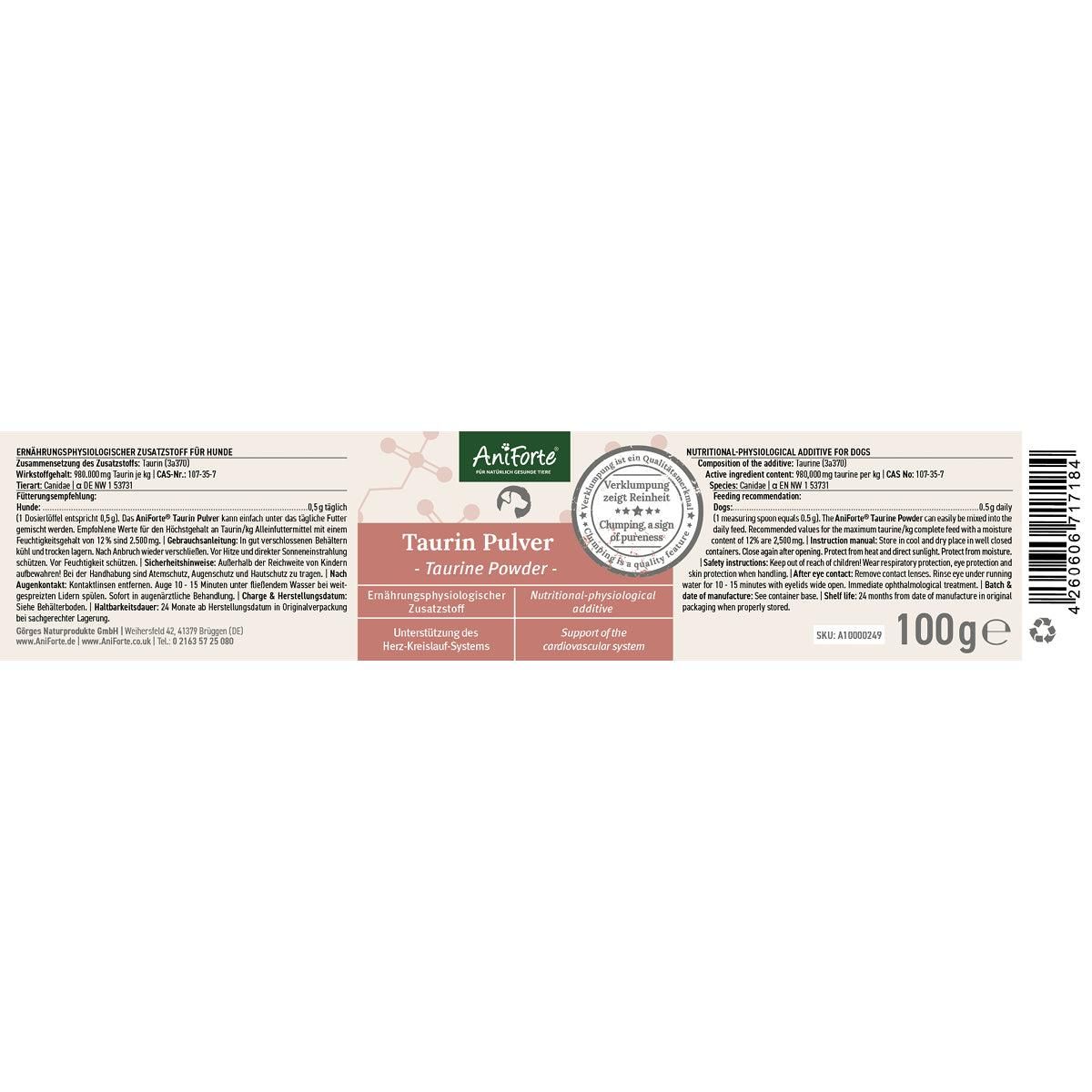 Produktetikett. Text: Taurin Pulver - Taurine Powder. Text und Logos. 100g.