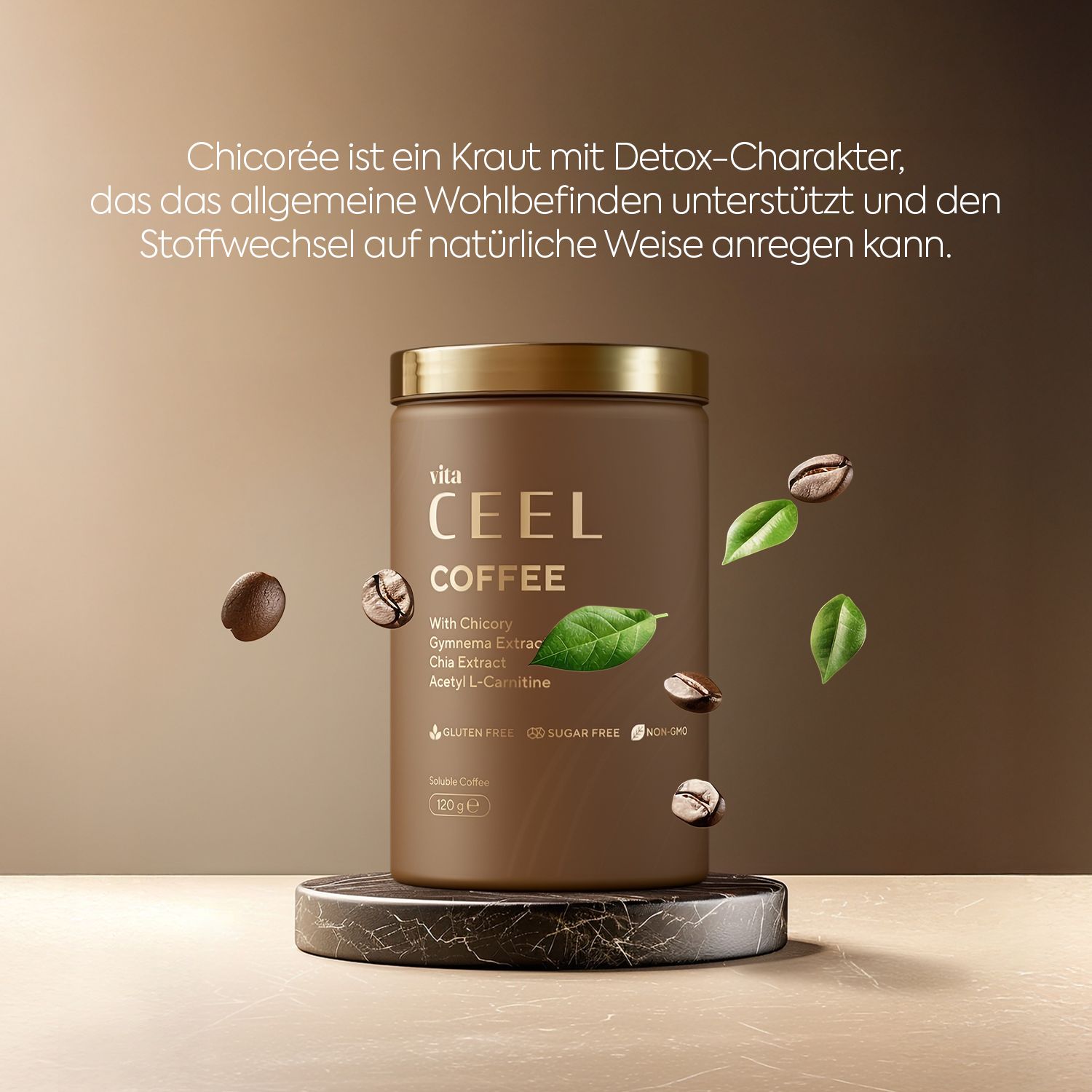 Braune Dose mit vita CEEL COFFEE Aufschrift, enthält Chicorée, Gymnema, Chia und L-Carnitin. Glutenfrei, zuckerfrei.