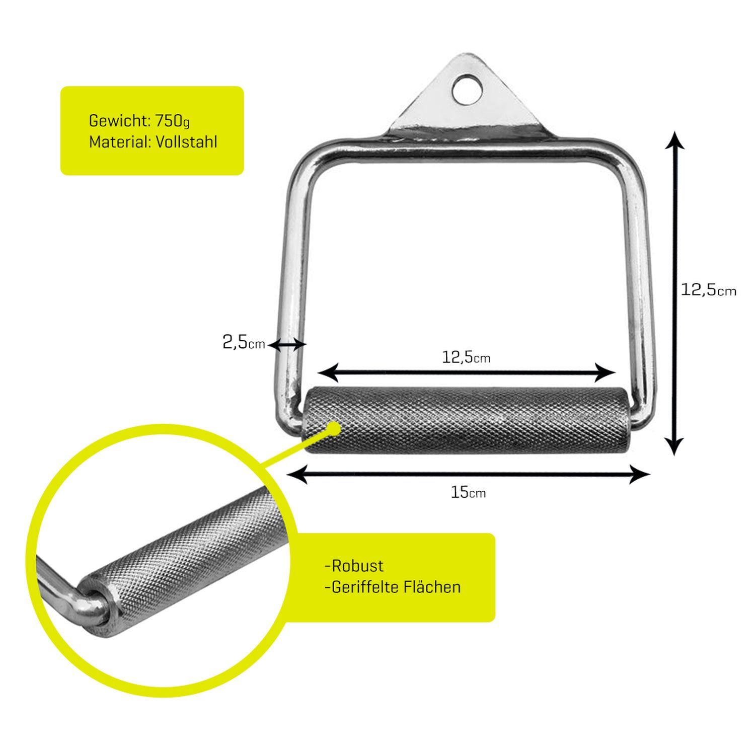 Hantelgriff mit Maßen. Rechteckiger Griff, 12,5 cm breit, 15 cm lang. Text: Gewicht 750g, Material: Vollstahl. Zusätzliche Details.