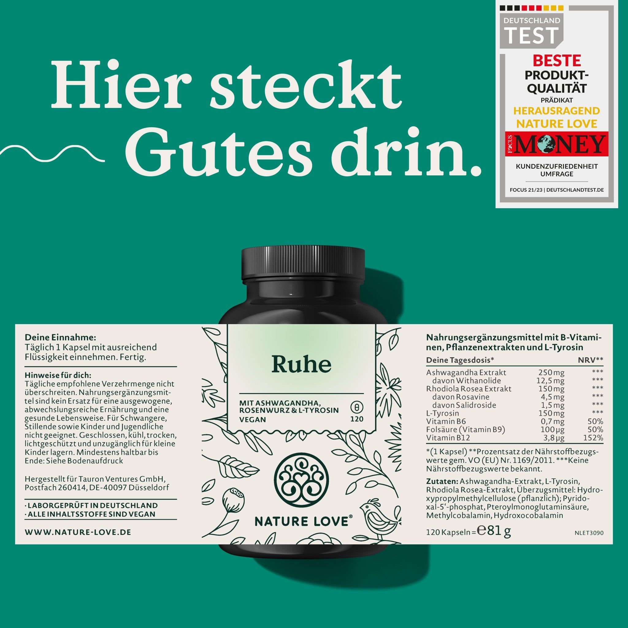 Flasche "Ruhe" mit Etikett, Text: "Hier steckt Gutes drin." und Auszeichnung "DEUTSCHLAND TEST".