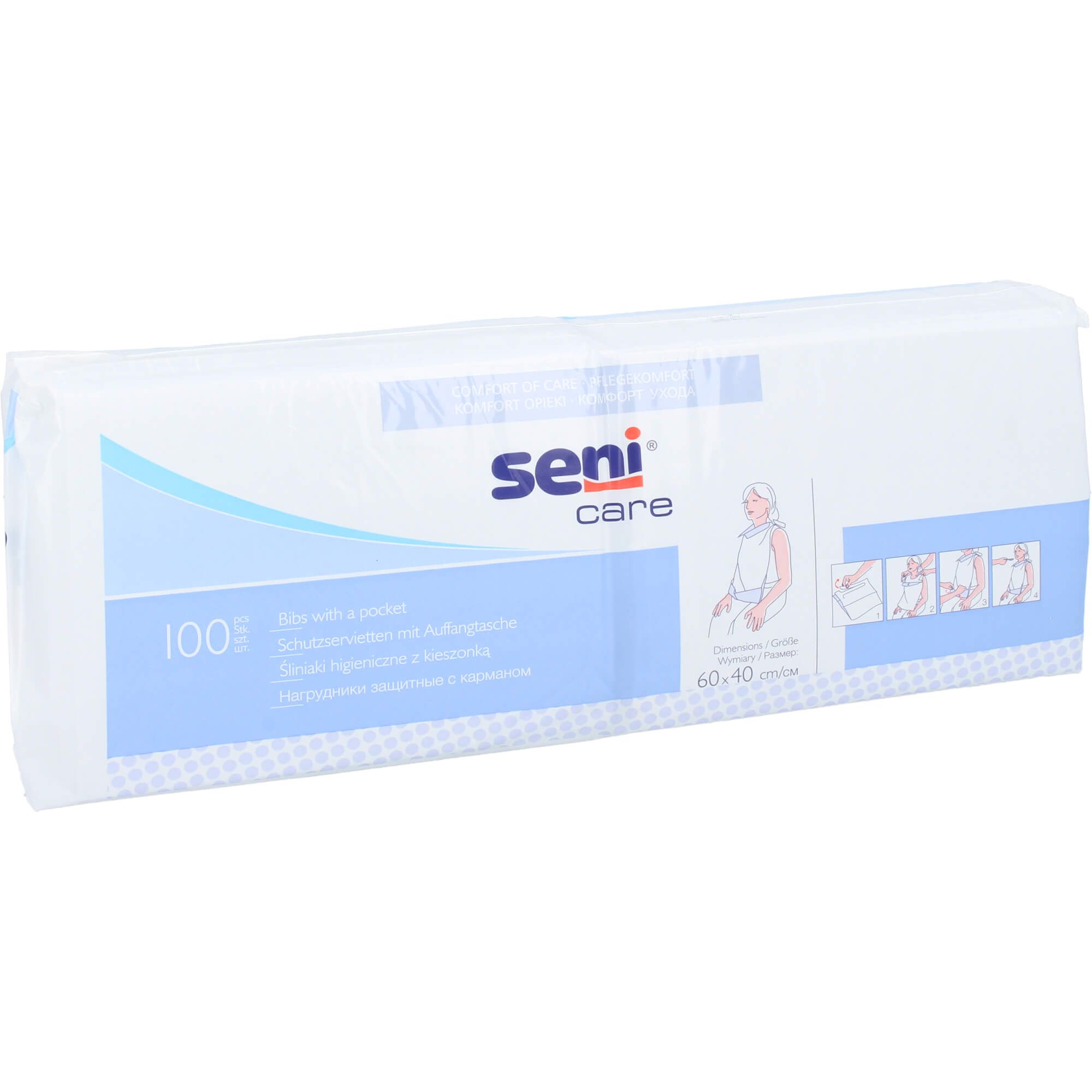 Verpackung mit SENI Einweg Speiselätzchen. Weißes Produkt mit blauer Beschriftung. Zeigt Illustrationen und Produktinformationen.