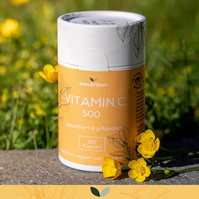 Sanutrition Vitamin C 500 Kapseldose, gepuffert & pflanzlich, 120 Kapseln, im Freien.