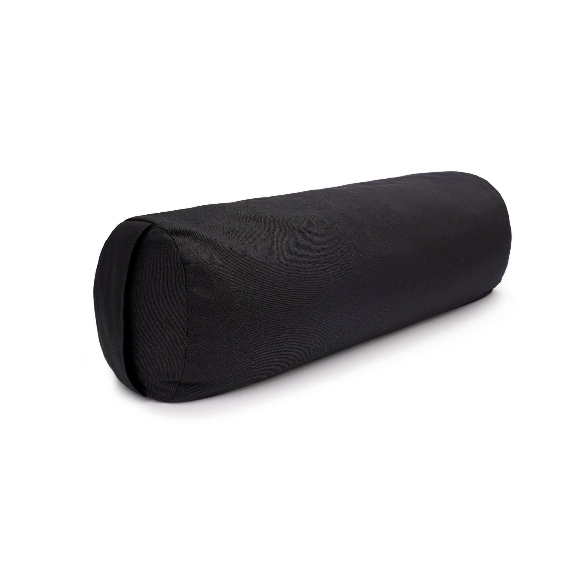 Schwarzer, zylindrischer Yoga Bolster mit abgerundeten Enden, auf weißem Hintergrund.
