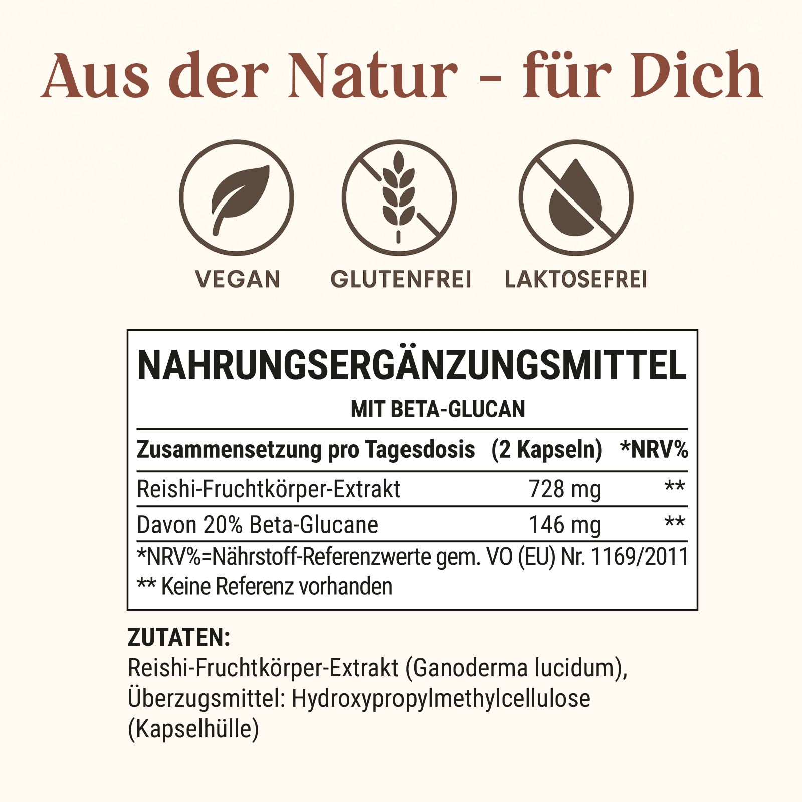 Etikett mit Informationen zu SHROOMY Reishi Kapseln. Enthält Angaben zu Inhaltsstoffen und Nährwerten. Vegan, glutenfrei, laktosefrei.
