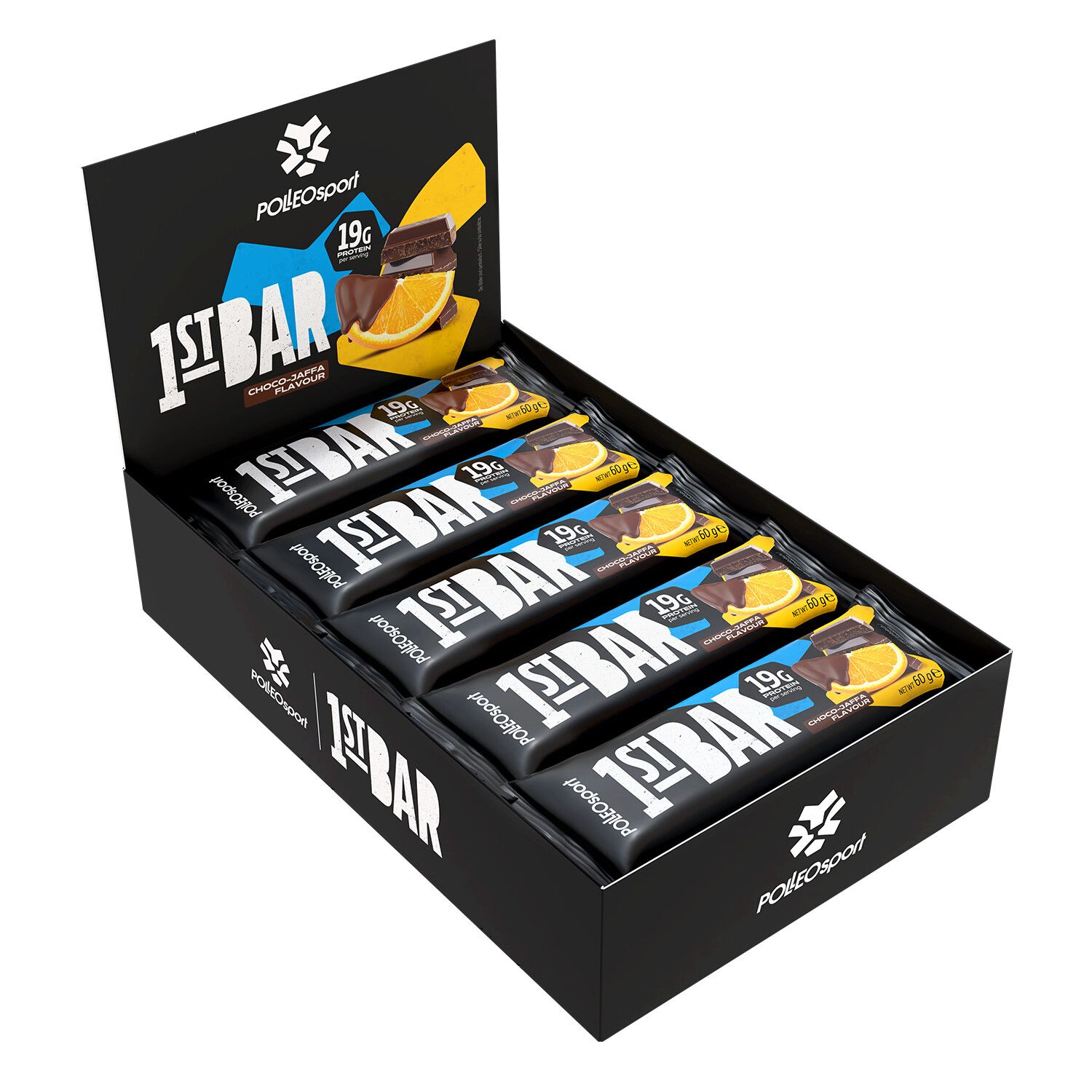 Schwarzer Karton mit mehreren verpackten "1ST BAR"-Riegeln. Blaue und gelbe Akzente. Abbildung einer Schoko-Jaffa-Bar. "19g Protein" Text.