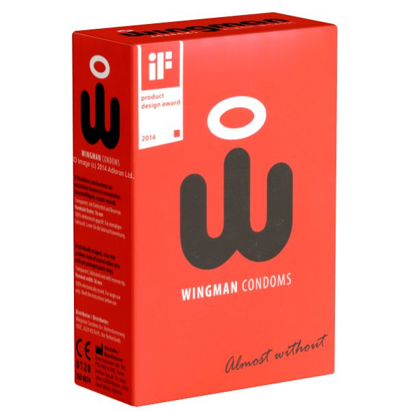 Rote Schachtel mit schwarzem Logo und Schriftzug "WINGMAN CONDOMS". Auszeichnung "iF product design award 2014".