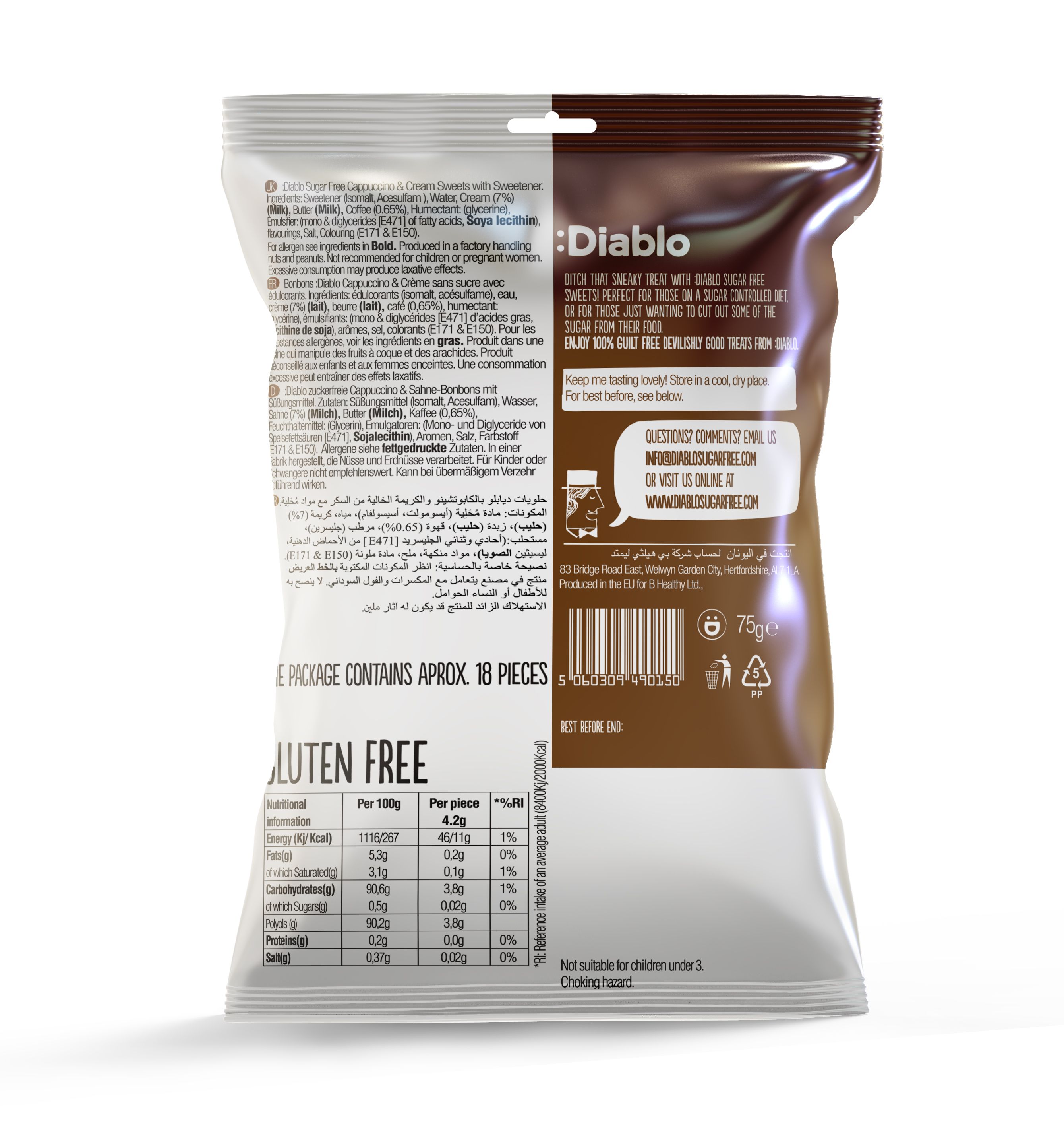 :Diablo Sugar Free Cappuccino&Cream Sweets 0,075 kg Bonbons