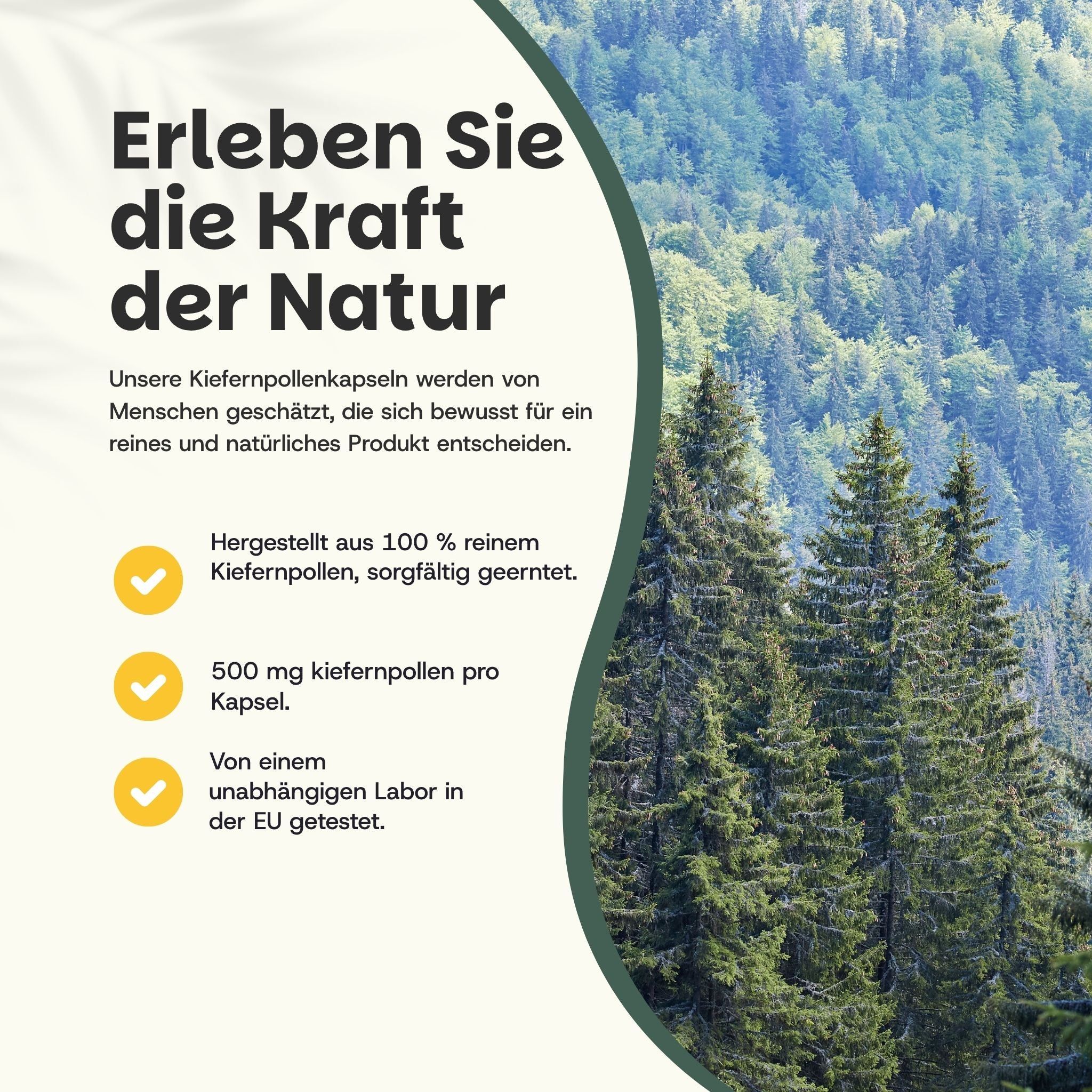 Text: Erleben Sie die Kraft der Natur. 100 % reines Kiefernpollen. 500 mg pro Kapsel. In der EU getestet.