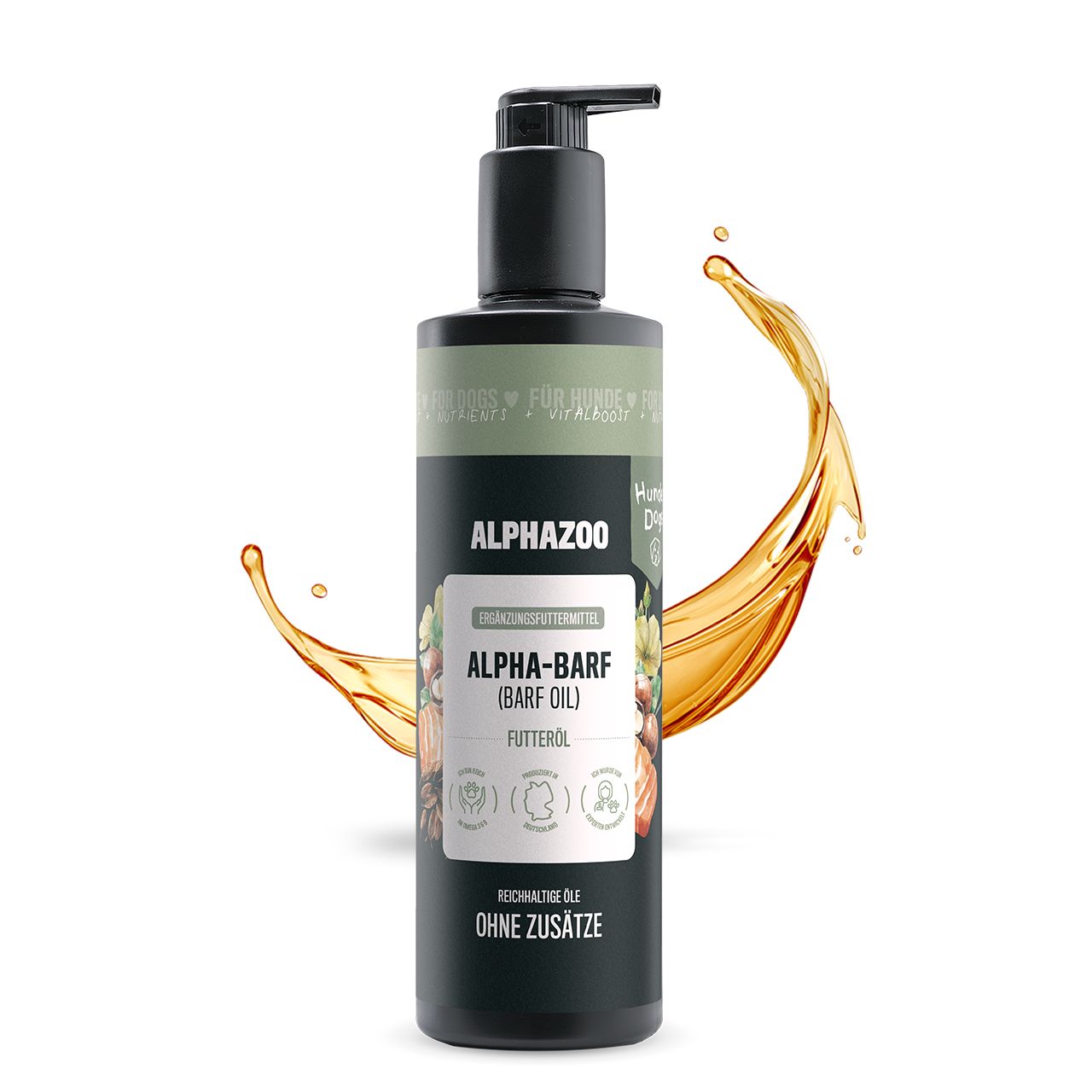 Schwarze Flasche mit Pumpe. Aufschrift: ALPHAZOO, ALPHA-BARF (BARF OIL) Futteröl. Ohne Zusätze. Gelbe Flüssigkeit im Hintergrund.