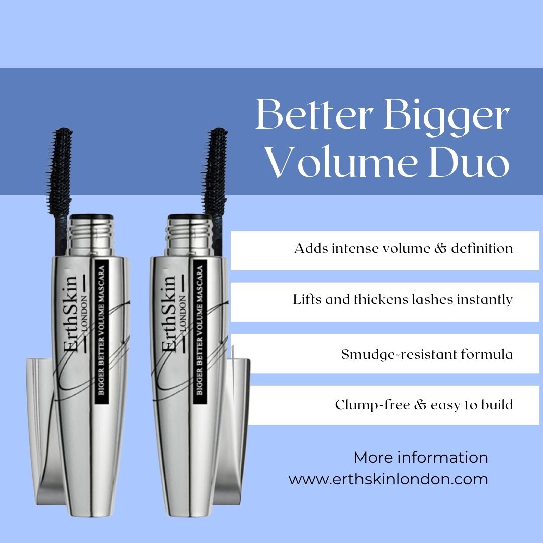 Zwei ErthSkin London Mascara-Tuben mit Bürsten. Silberfarbene Tuben mit schwarzer Schrift. Text: Bigger Better Volume Duo.