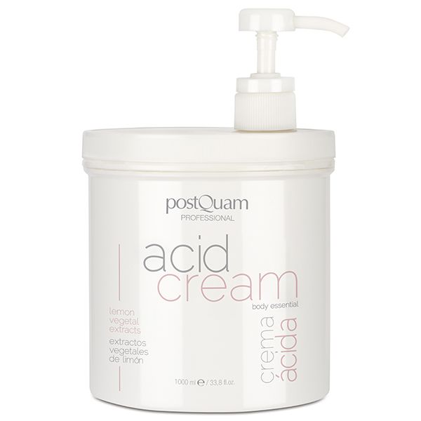 Weißer Behälter mit Pumpe. Aufschrift: "acid cream". Zusätzliche Texte: "lemon vegetal extracts", "extractos vegetales de limón".