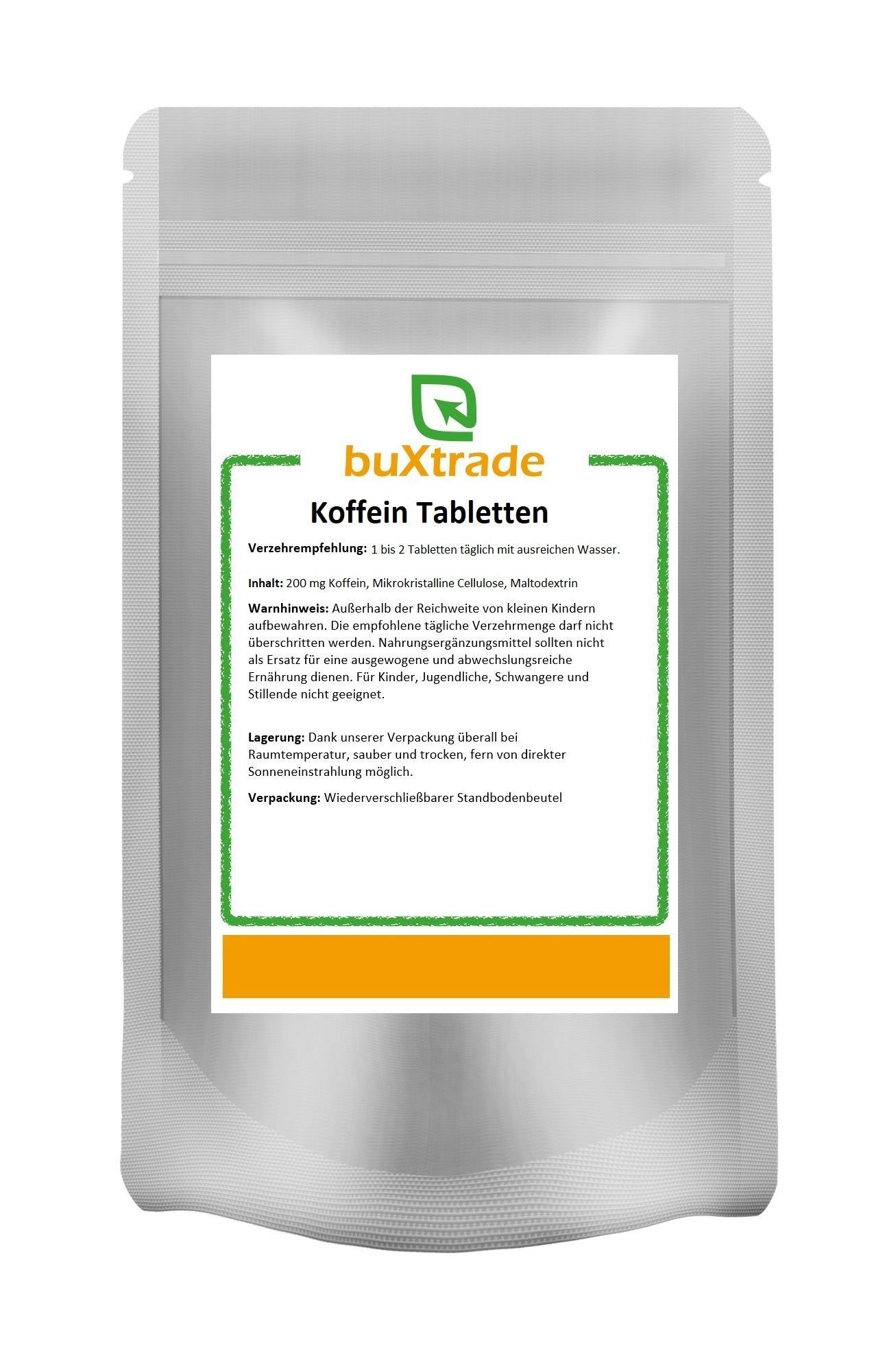 Beutel mit "buXtrade Koffein Tabletten". Weißer Beutel mit grünem und orangefarbenem Etikett. Text: Koffein Tabletten, Inhaltsstoffe, Warnhinweis.