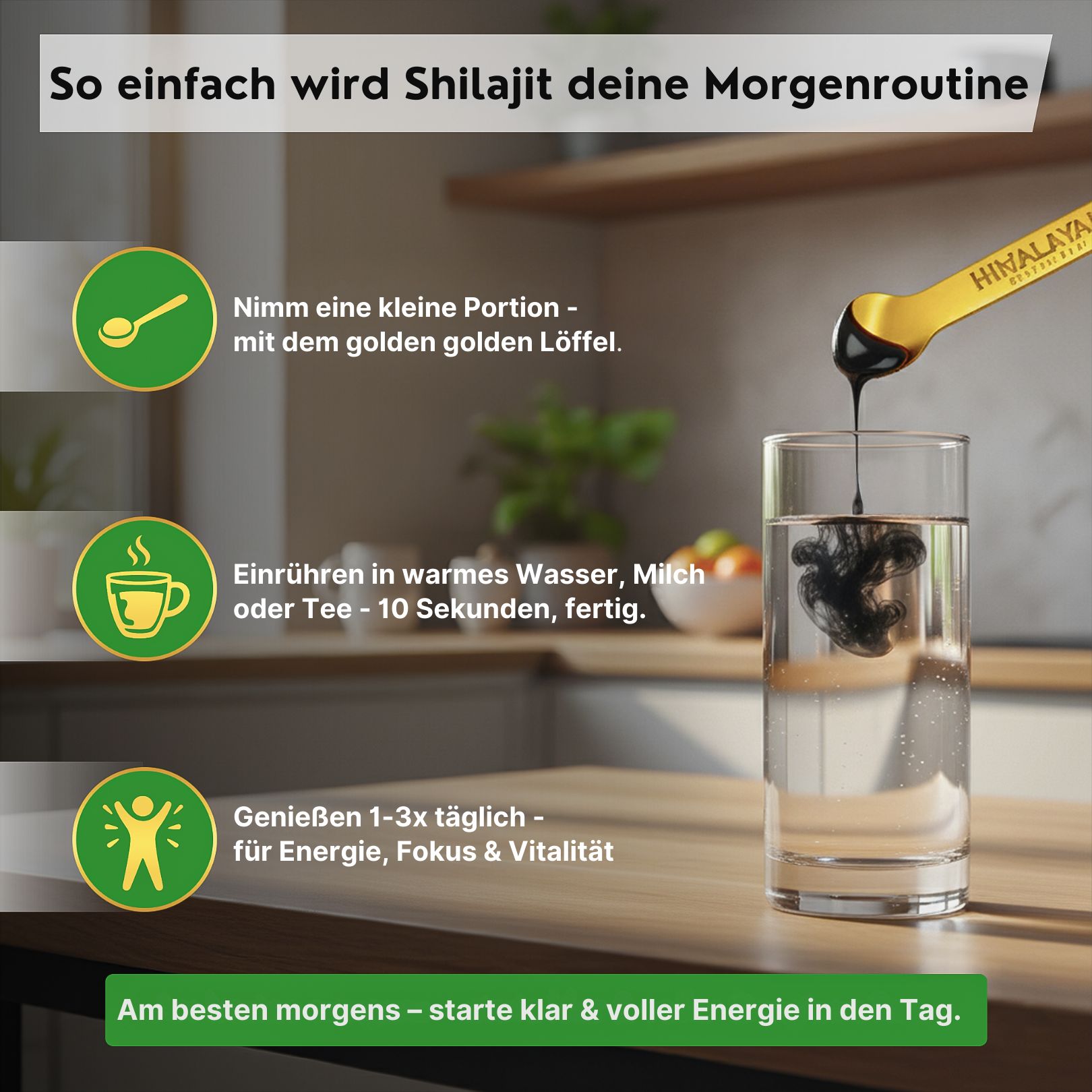 Glas mit Wasser, darin schwarze Substanz. Löffel. Text: "So einfach wird Shilajit deine Morgenroutine".