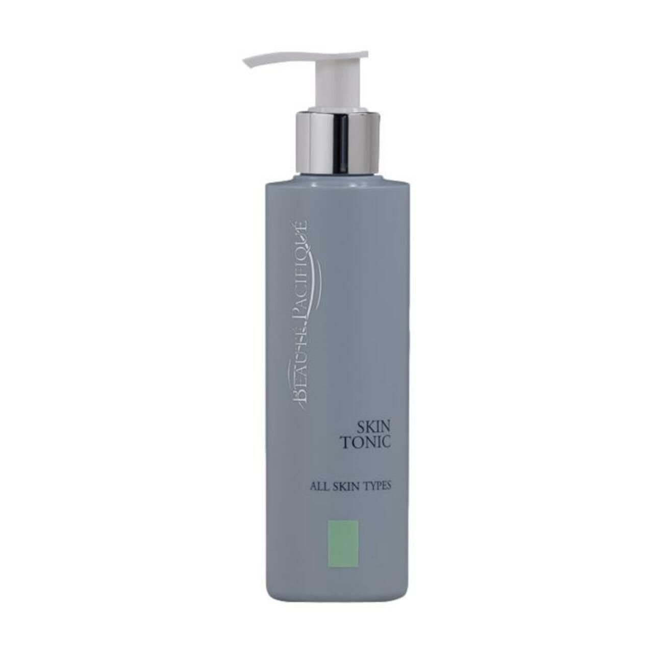 Graue Flasche mit Pumpe. Aufschrift: Beauté Pacifique, Skin Tonic, All Skin Types. Grünes Rechteck.