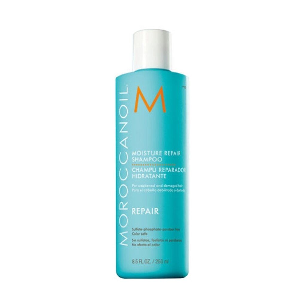 Türkisfarbene Shampoo-Flasche mit weißem Deckel. Aufschrift: Moroccanoil, Moisture Repair Shampoo, Repair. 250 ml.