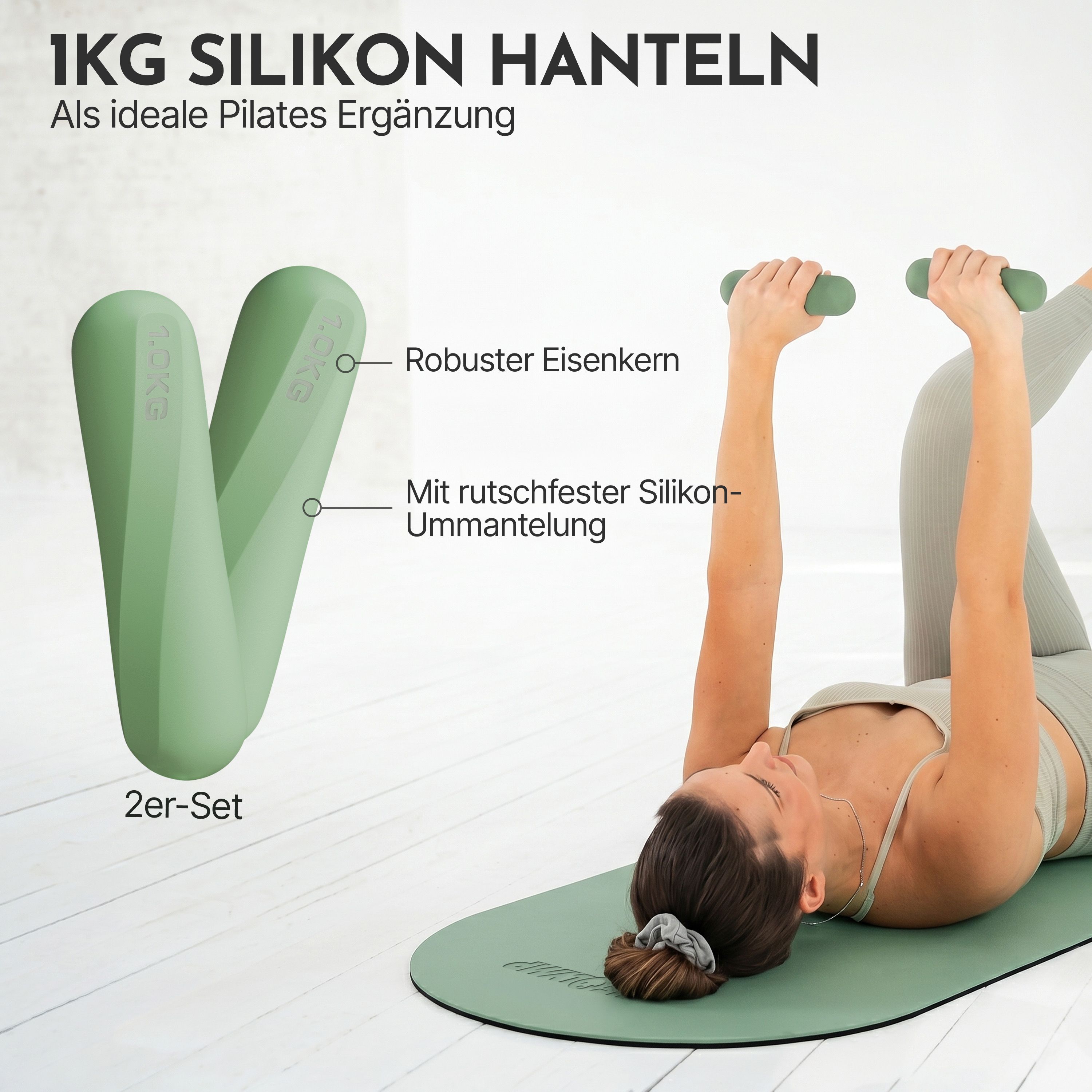 2x 1kg Silikon-Hanteln mit robustem Eisenkern und rutschfester Ummantelung. Als ideale Pilates-Ergänzung.