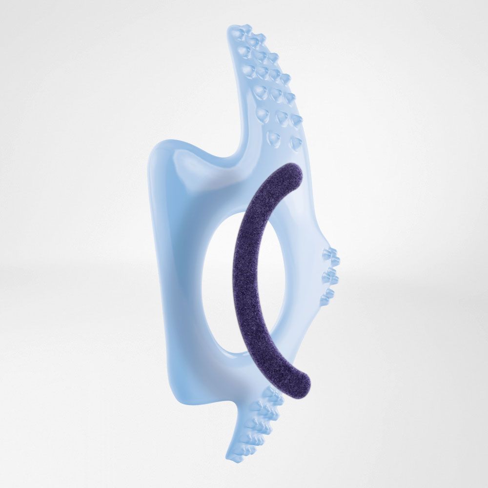 Hellblaue, ergonomisch geformte Vorrichtung mit lila Einsatz.