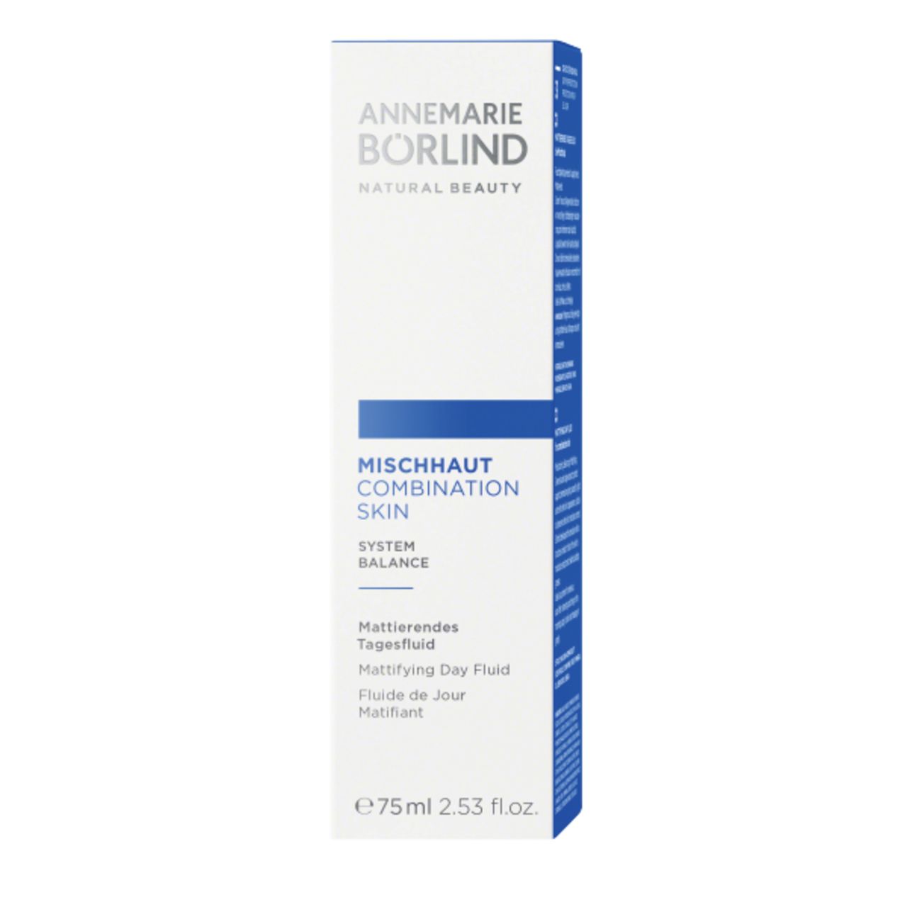 Schachtel mit blauem Streifen und Text. Enthält Tagesfluid für Mischhaut. Marke: ANNEMARIE BÖRLIND.