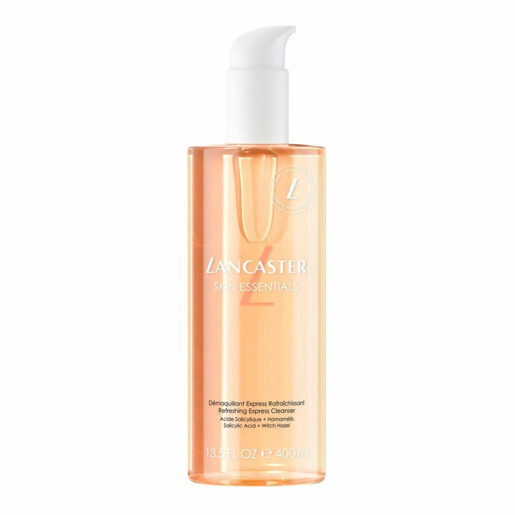 Lancaster Express Cleanser. Transparente Flasche mit Pumpe. Aufschrift: SKIN ESSENTIALS, Refreshing Express Cleanser.