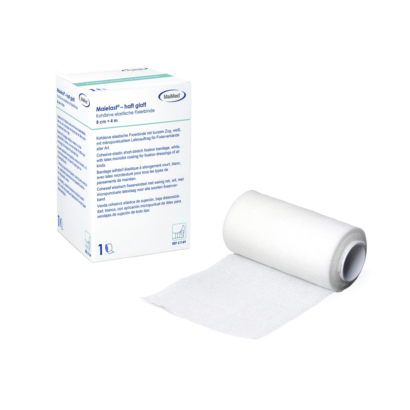 Weiße Fixierbinde Maielast® haft glatt, 4 cm x 4 m, mit Verpackung. Rolle mit ausgezogenem Band.