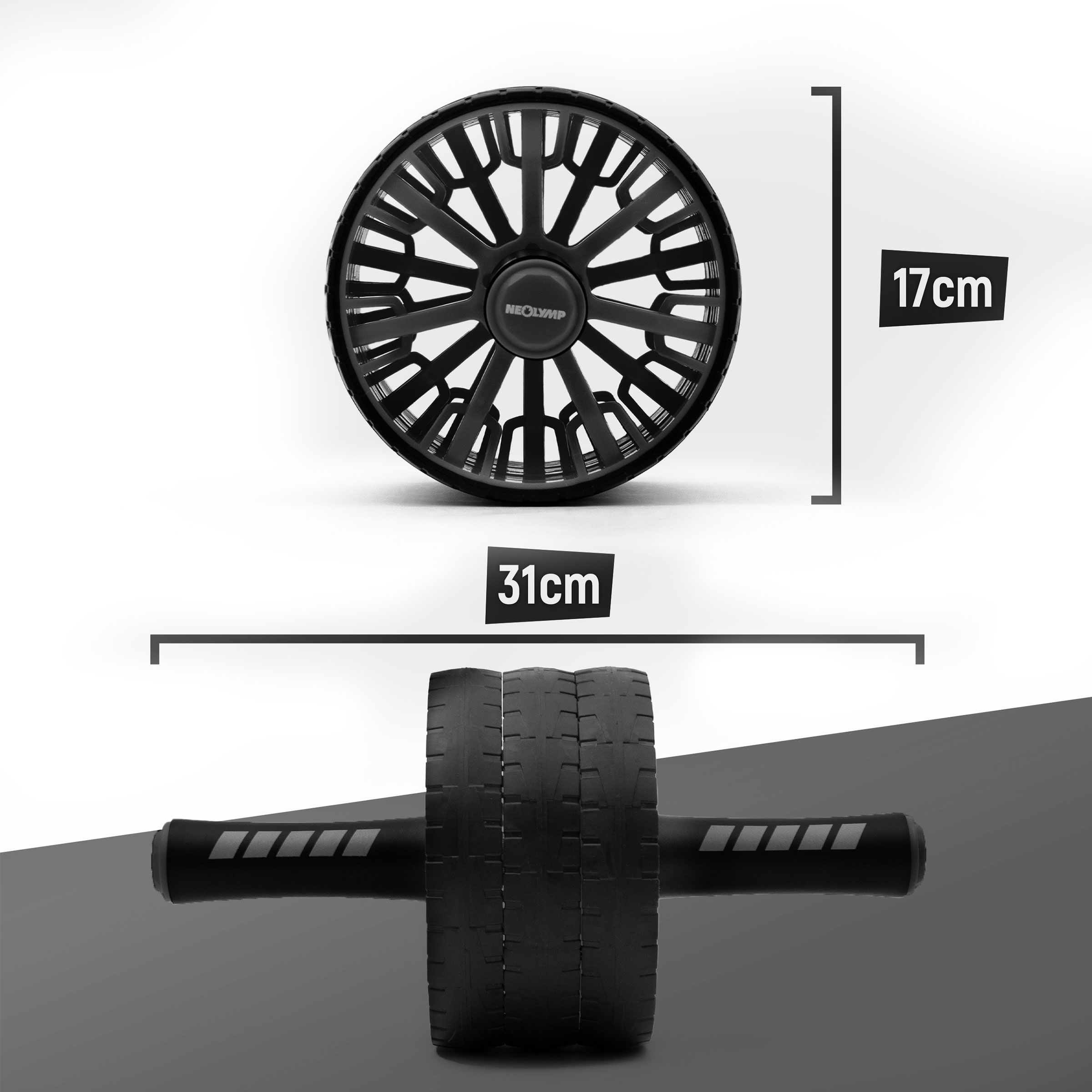 Schwarzes Bauchroller-Rad mit 17 cm Durchmesser und 31 cm Breite. Das Produkt ist von oben und von vorne abgebildet.