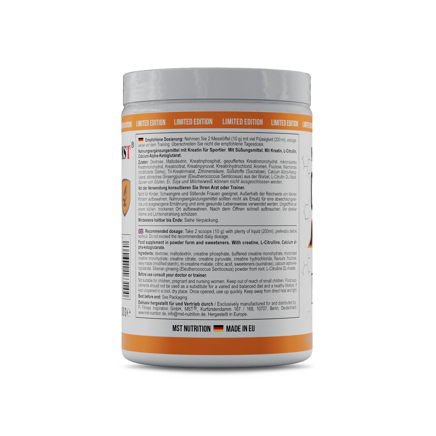 Weiße Dose mit Etikett. Text: Dosierung, Nährwertangaben, Zutaten. Logo. Text: MST Nutrition, Made in EU.