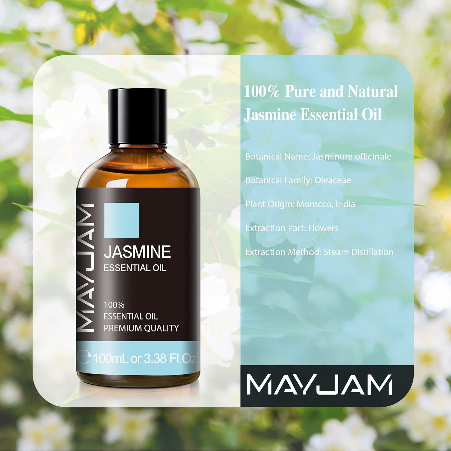Braune Glasflasche mit schwarzem Deckel. Aufschrift: MAYJAM, Jasmin Essential Oil, 100% Essential Oil, Premium Quality. Hintergrund mit Blumen.