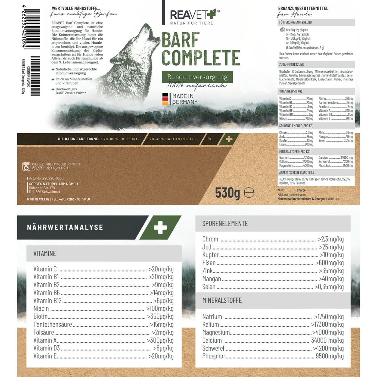 Ausgeklappte Verpackung mit BARF COMPLETE-Etikett. Enthält Nährwertanalyse und Spurenelemente. 530g.