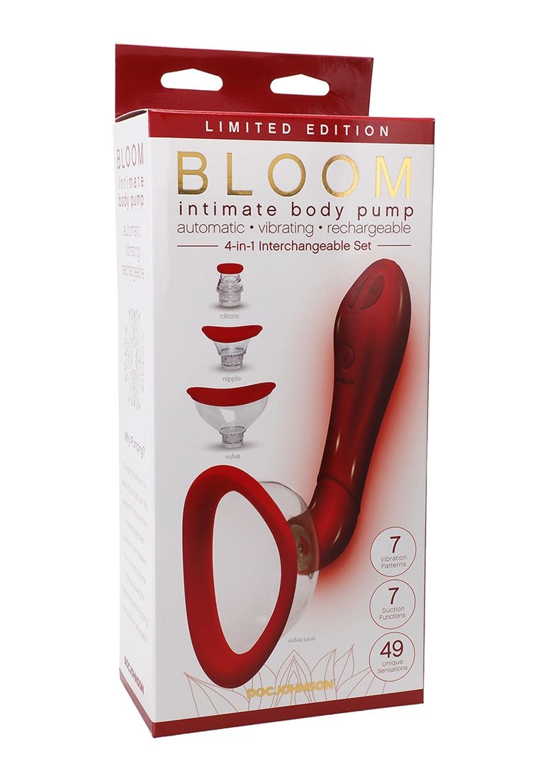 Verpackung mit rotem, automatischem, vibrierendem Body Pump. Enthält 4 austauschbare Teile. Aufschrift: BLOOM, 4-in-1 Interchangeable Set.