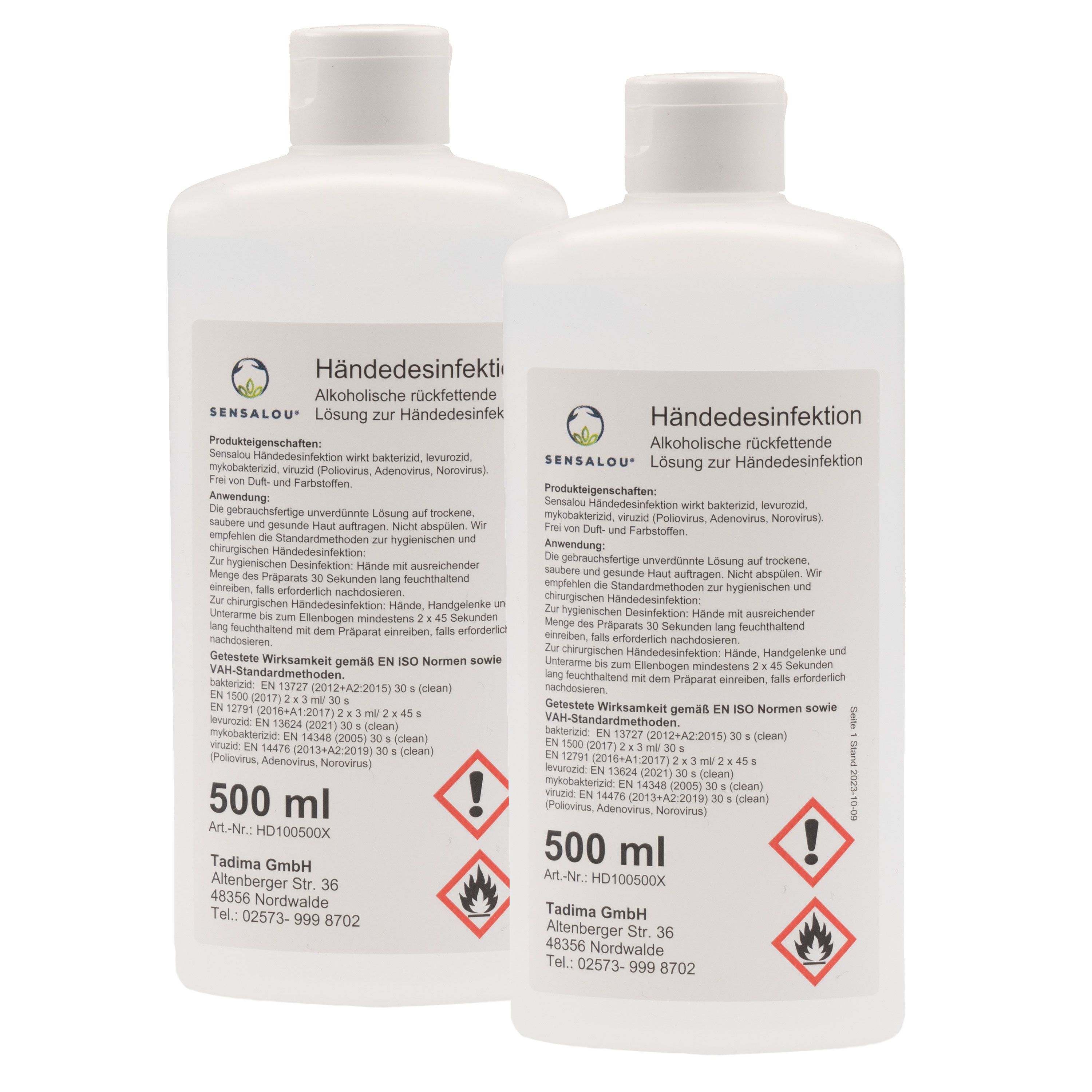Zwei weiße Flaschen mit Etikett. Text: Händedesinfektion, 500 ml, Warnhinweise. Logo: Sensalou.